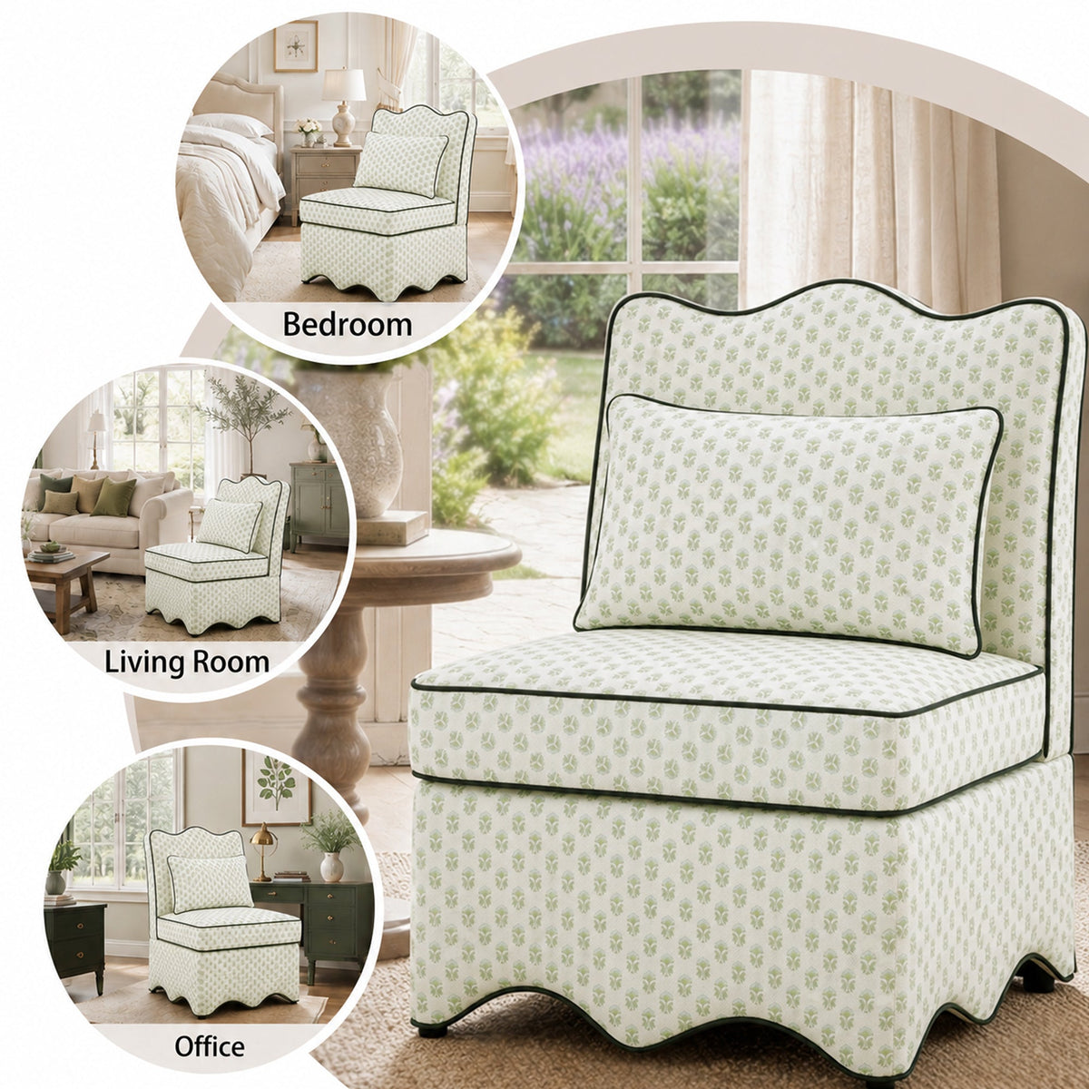 French Farmhouse Accent Chair with Scalloped Back & Upholstered Seat