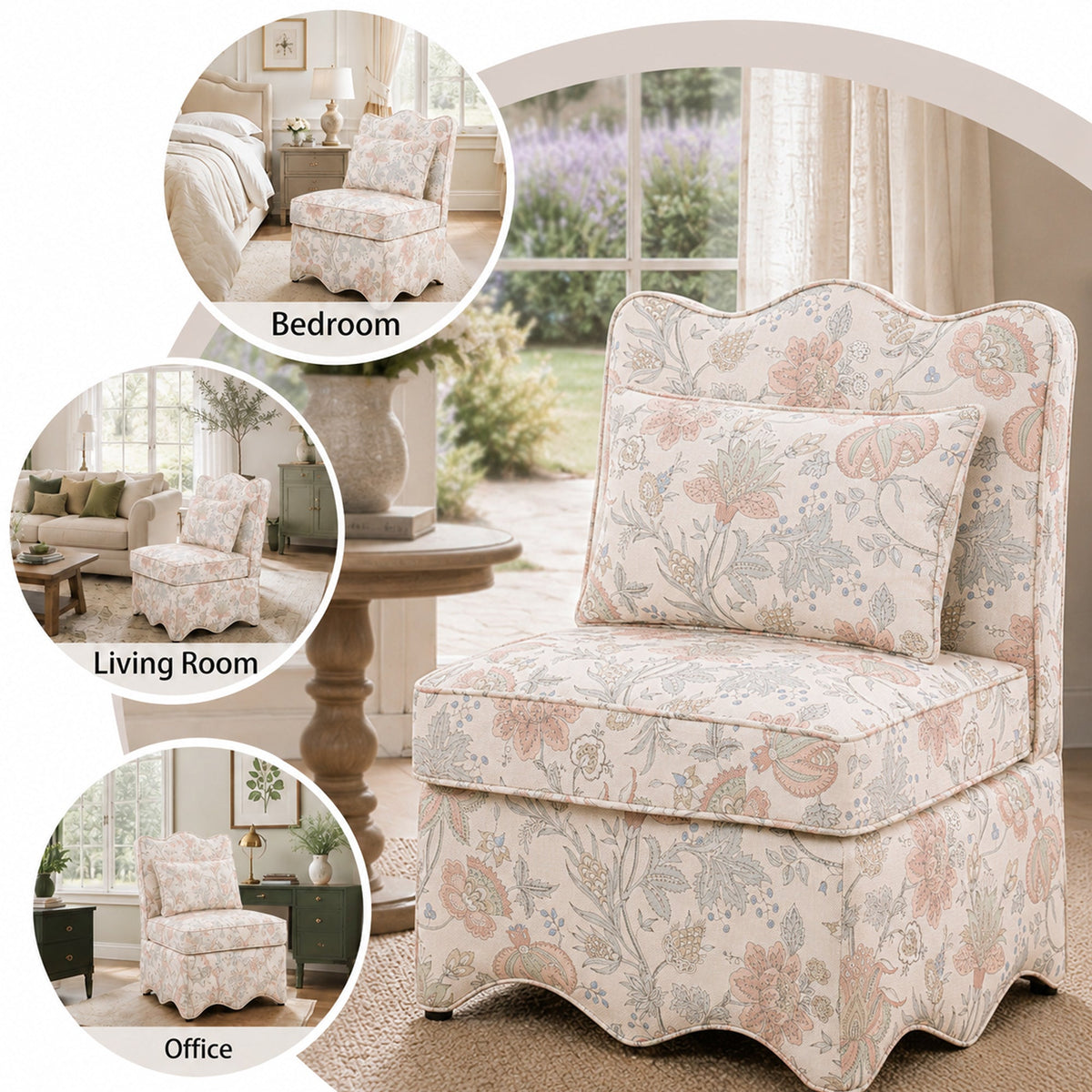 French Farmhouse Accent Chair with Scalloped Back & Upholstered Seat