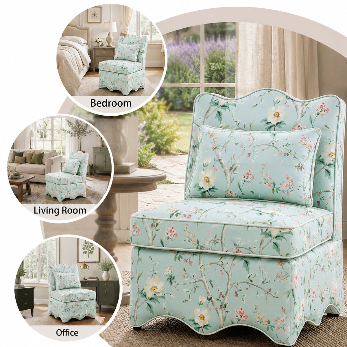 French Farmhouse Accent Chair with Scalloped Back & Upholstered Seat