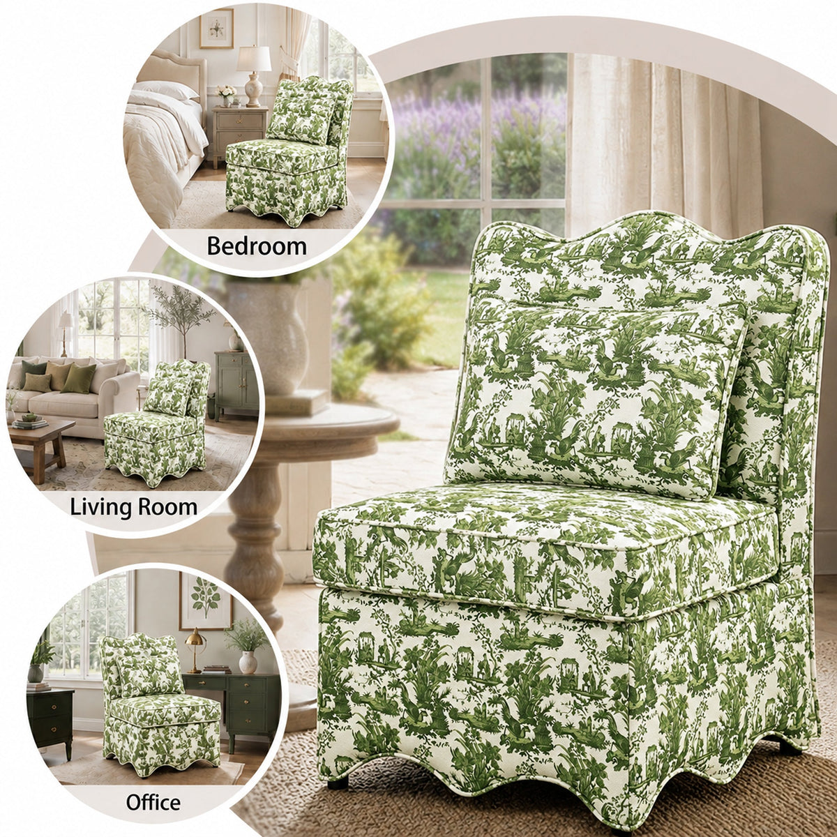 French Farmhouse Accent Chair with Scalloped Back & Upholstered Seat