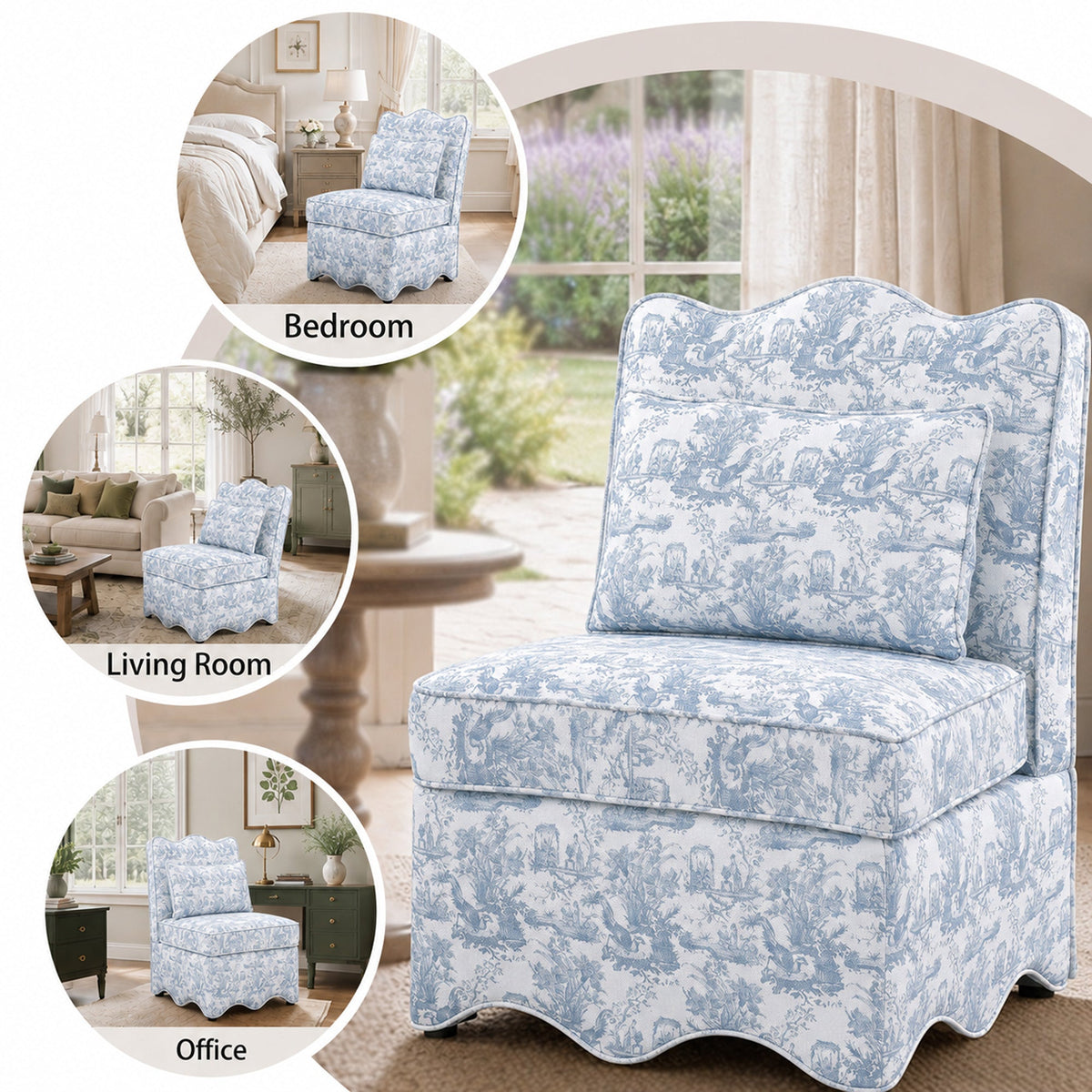 French Farmhouse Accent Chair with Scalloped Back & Upholstered Seat