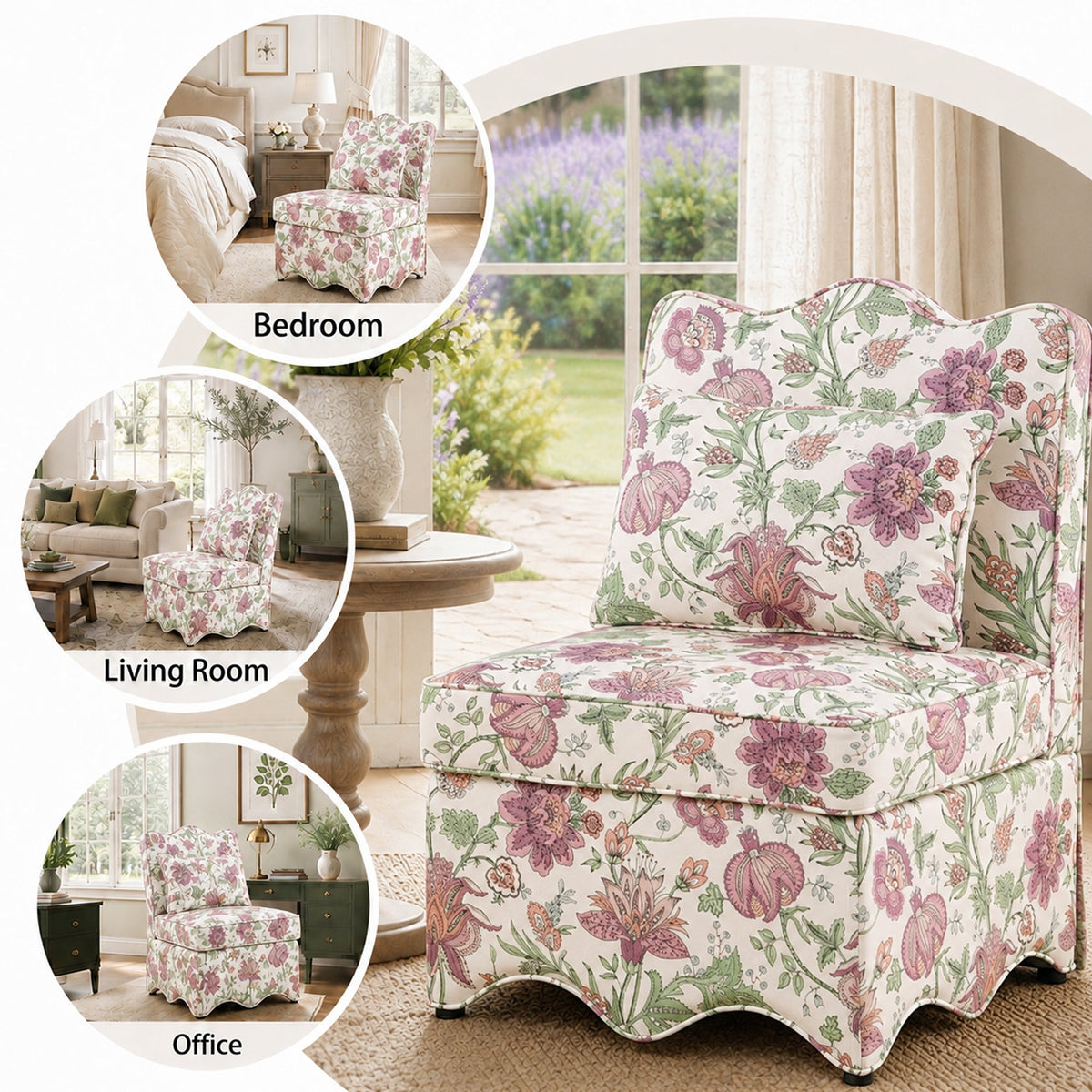 French Farmhouse Accent Chair with Scalloped Back & Upholstered Seat