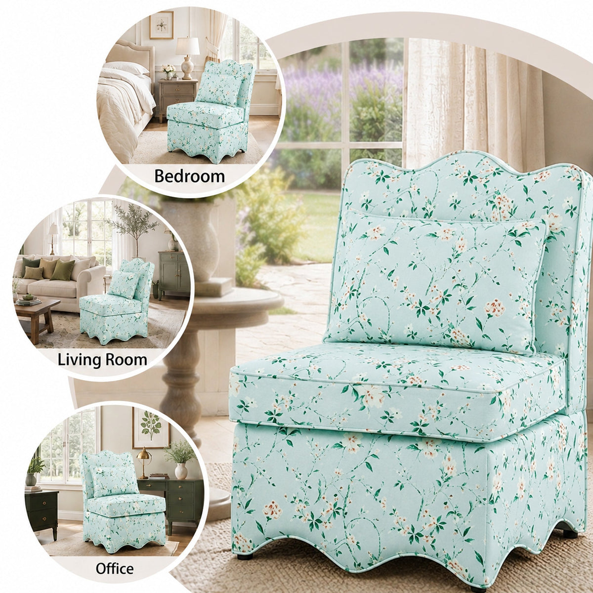 French Farmhouse Accent Chair with Scalloped Back & Upholstered Seat