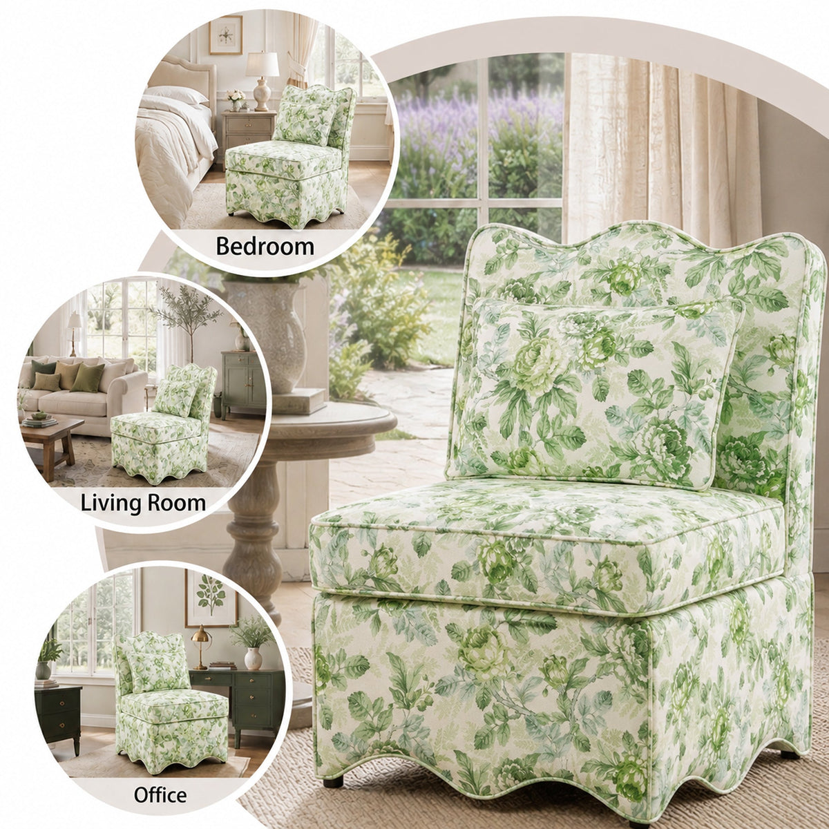 French Farmhouse Accent Chair with Scalloped Back & Upholstered Seat