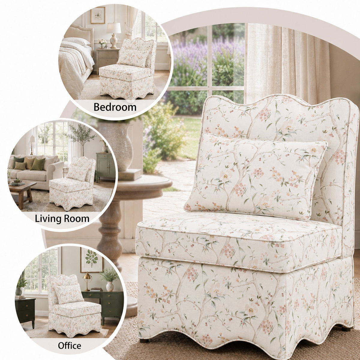 French Farmhouse Accent Chair with Scalloped Back & Upholstered Seat