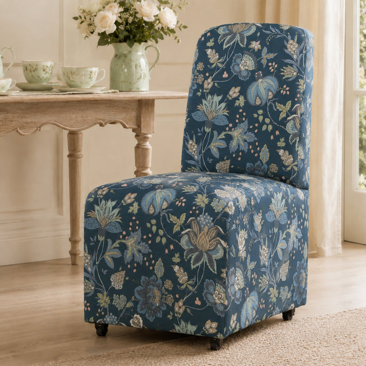 French Farmhouse Upholstered Dining Chair with Rounded Back, Caster Legs & Skirted Design