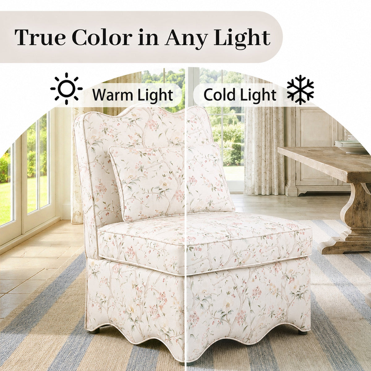 French Farmhouse Accent Chair with Scalloped Back & Upholstered Seat