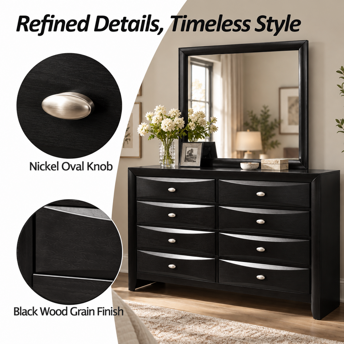 Transitional 8-Drawer Dresser with Solid Wood Construction – Optional Mirror
