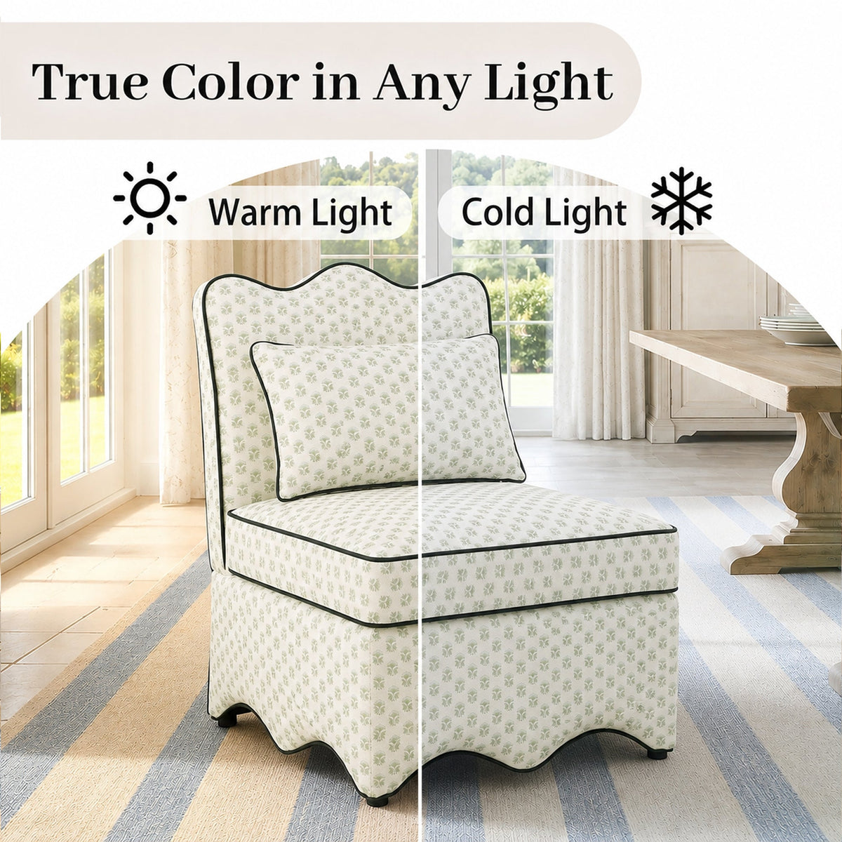 French Farmhouse Accent Chair with Scalloped Back & Upholstered Seat