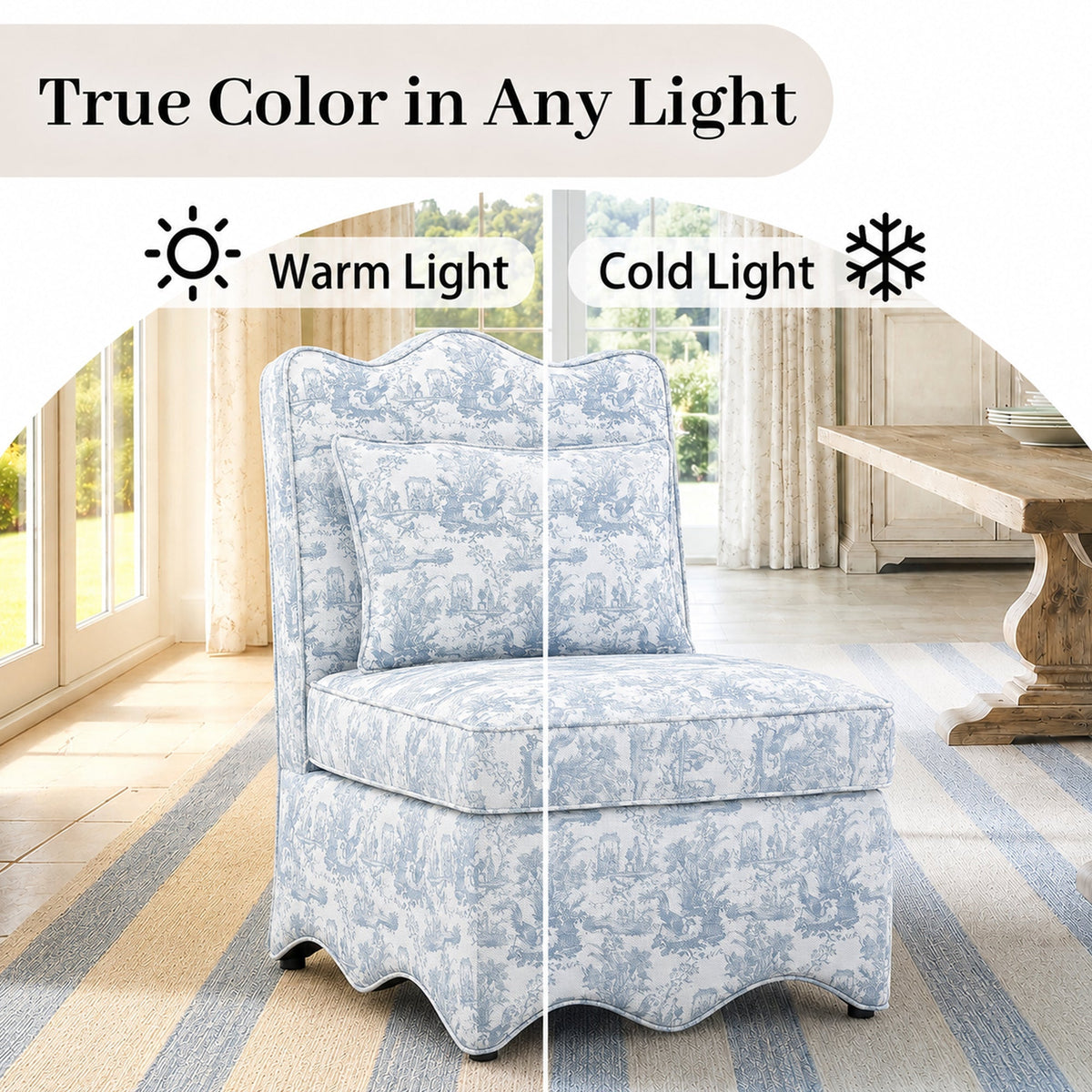 French Farmhouse Accent Chair with Scalloped Back & Upholstered Seat