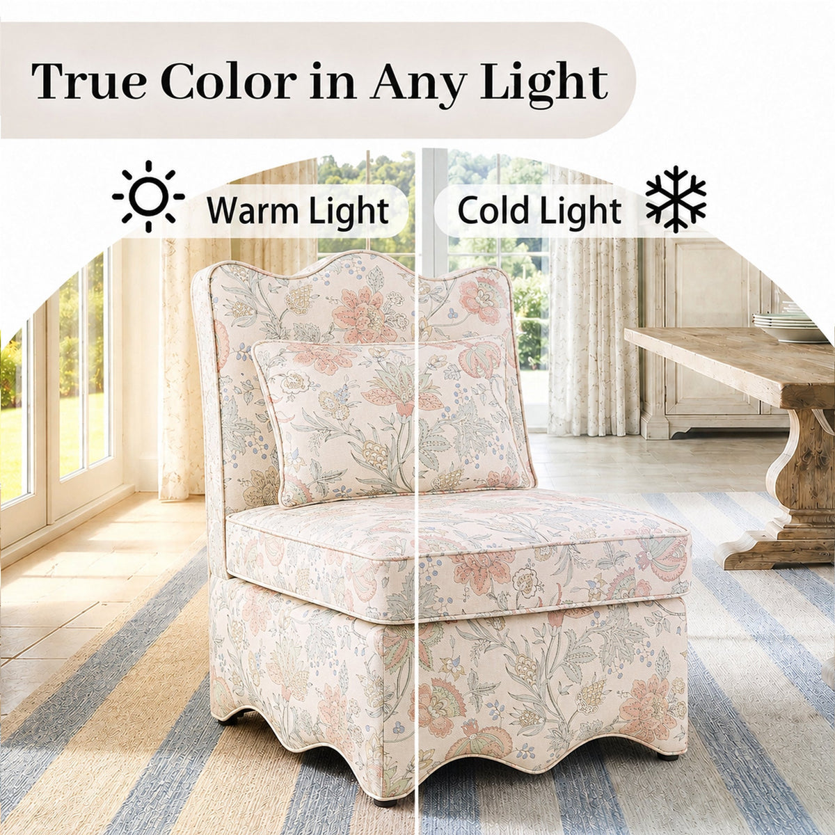 French Farmhouse Accent Chair with Scalloped Back & Upholstered Seat