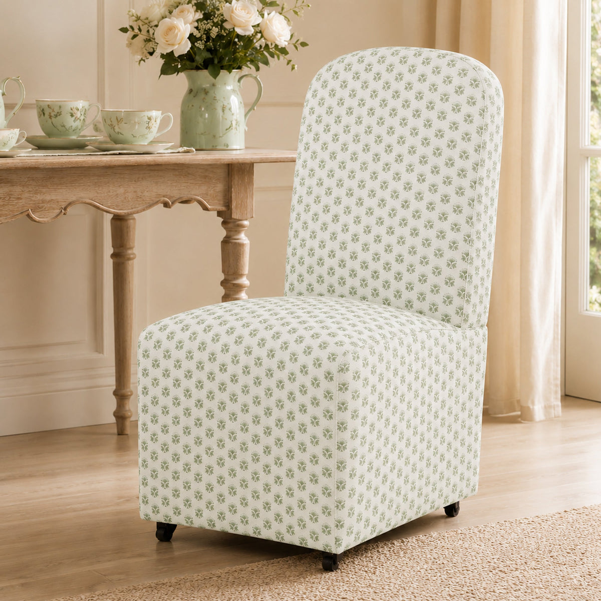 French Farmhouse Upholstered Dining Chair with Rounded Back, Caster Legs & Skirted Design