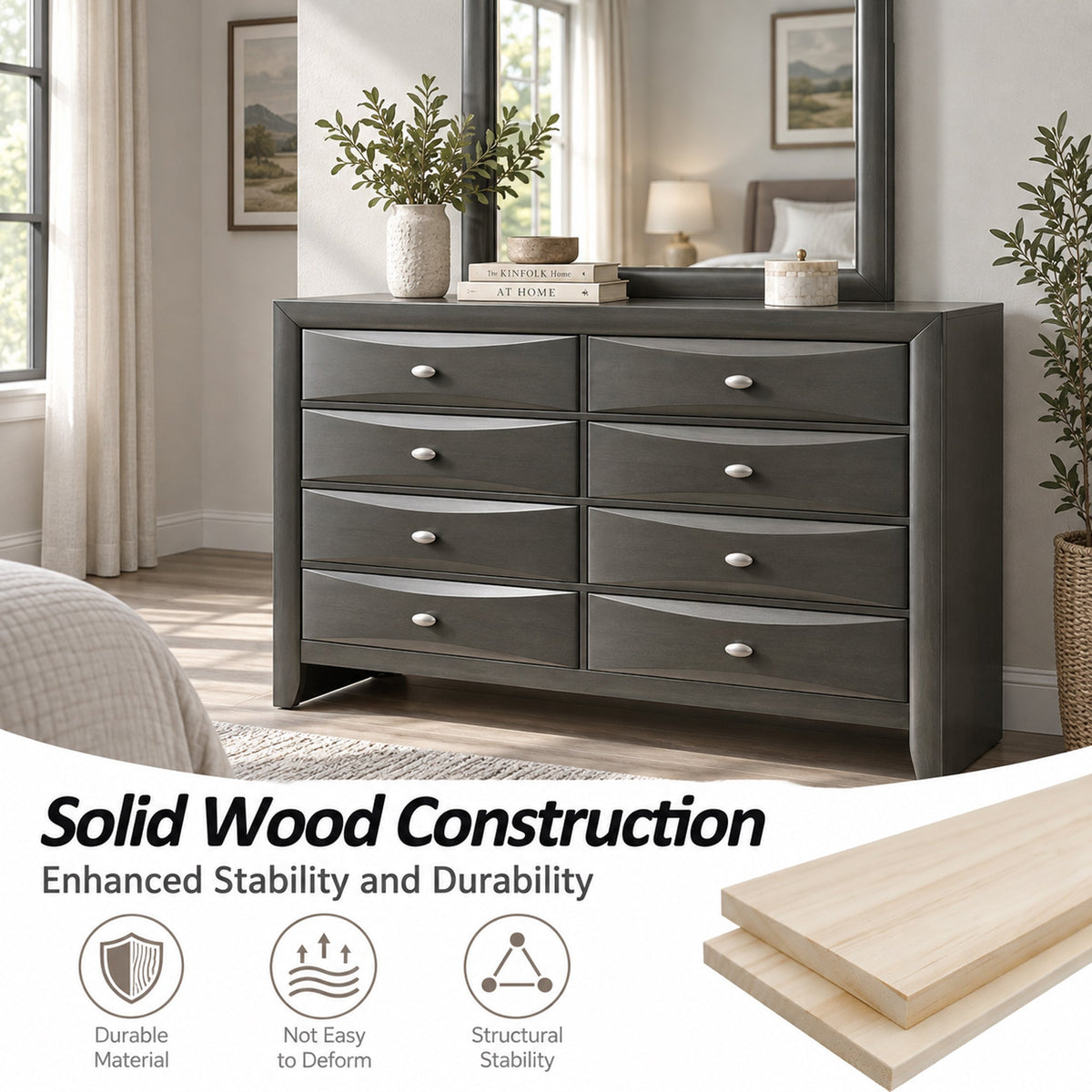 Transitional 8-Drawer Dresser with Solid Wood Construction – Optional Mirror