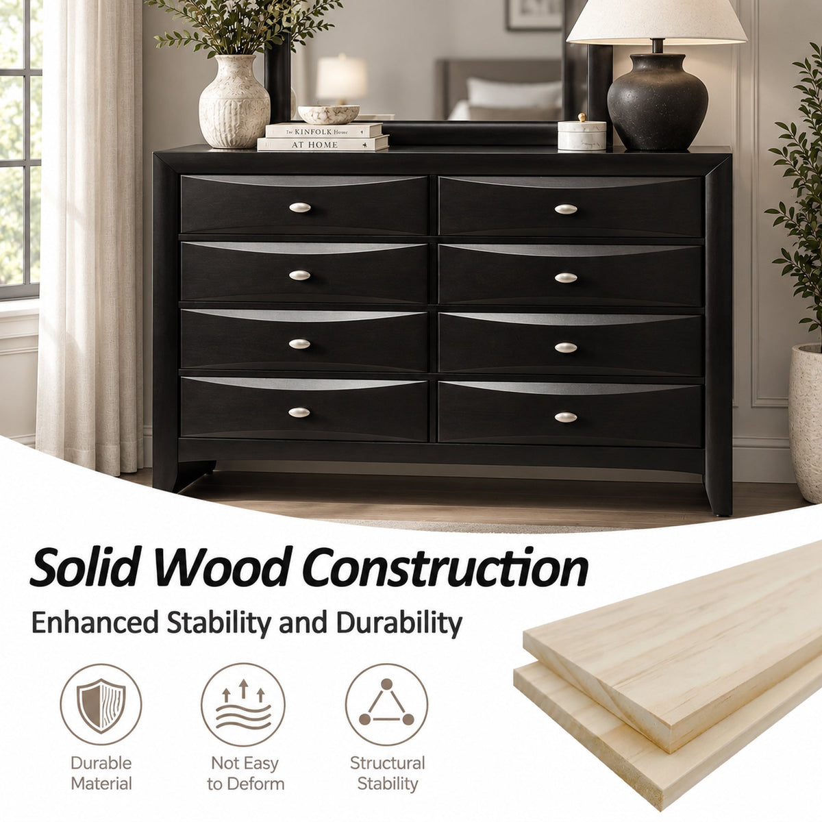 Transitional 8-Drawer Dresser with Solid Wood Construction – Optional Mirror