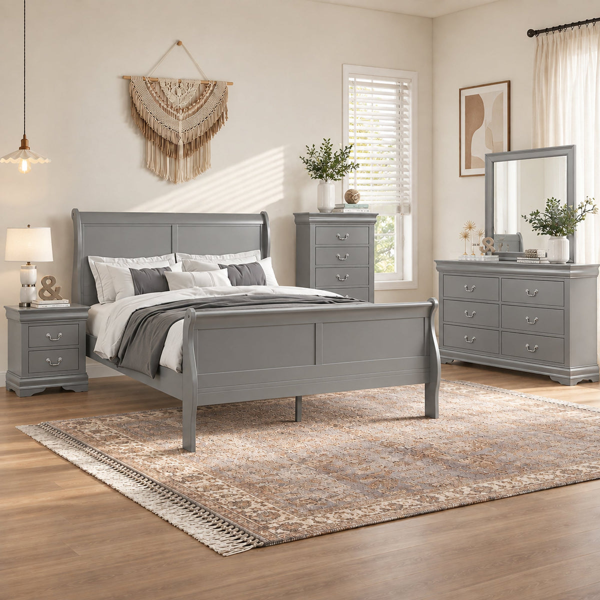 4-Piece Transitional Sleigh Bedroom Set with Solid Wood Bed, Nightstand, Chest & Dresser (Mirror Optional)
