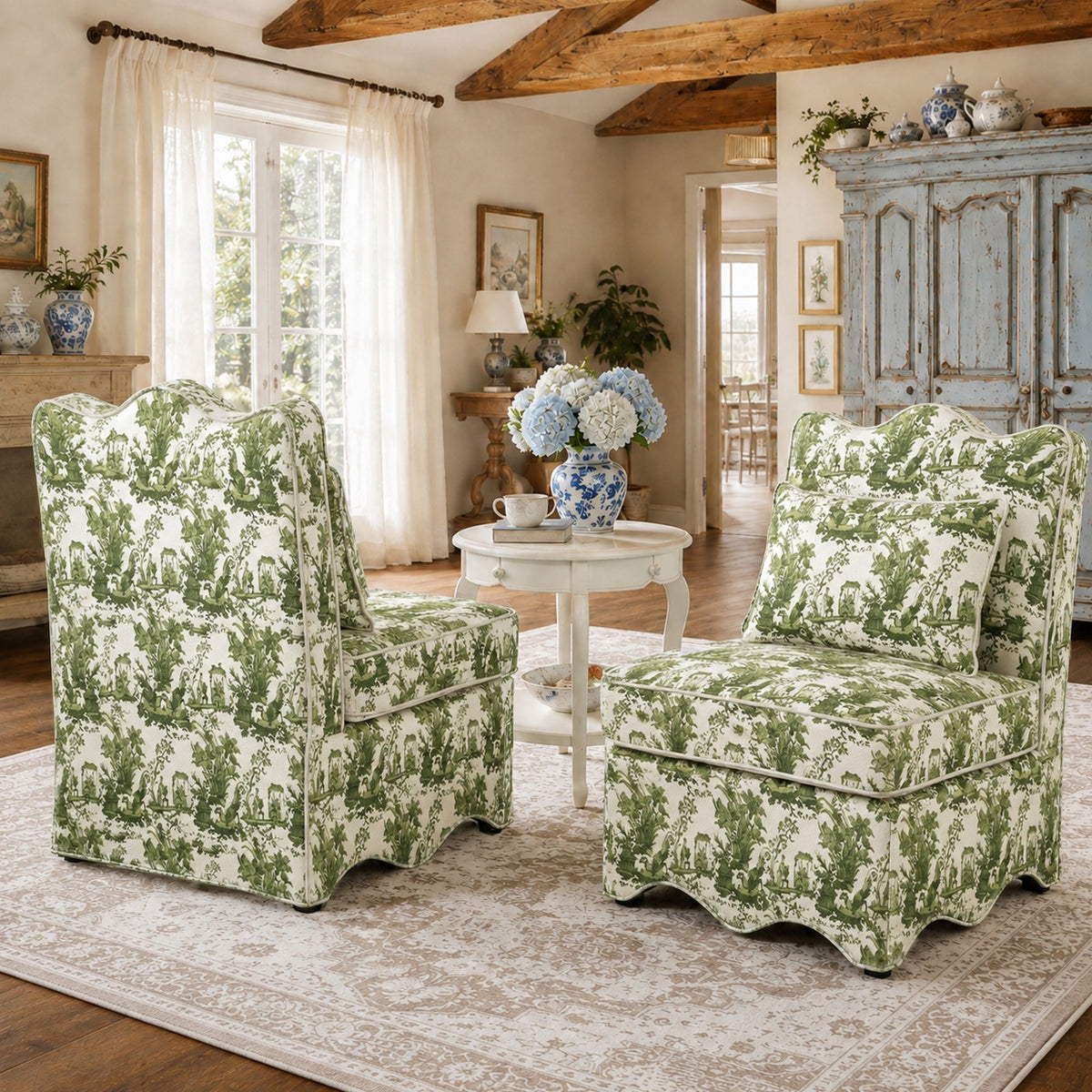 French Farmhouse Accent Chair with Scalloped Back & Upholstered Seat