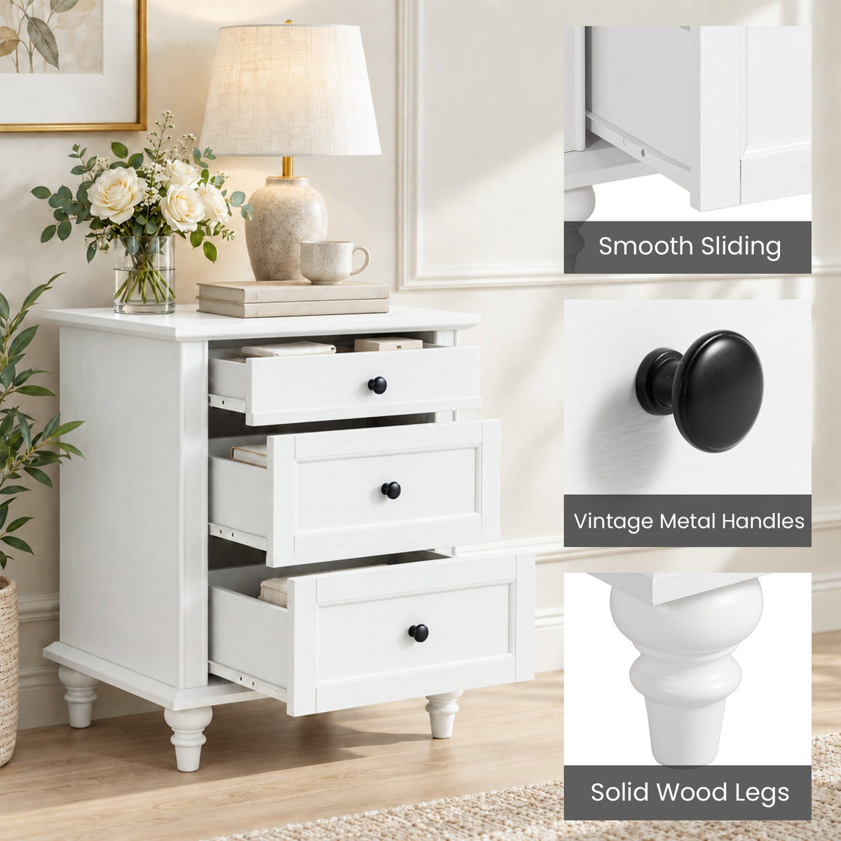 Traditional 3-Drawer Nightstand with Solid Wood Legs, Quick Assembly