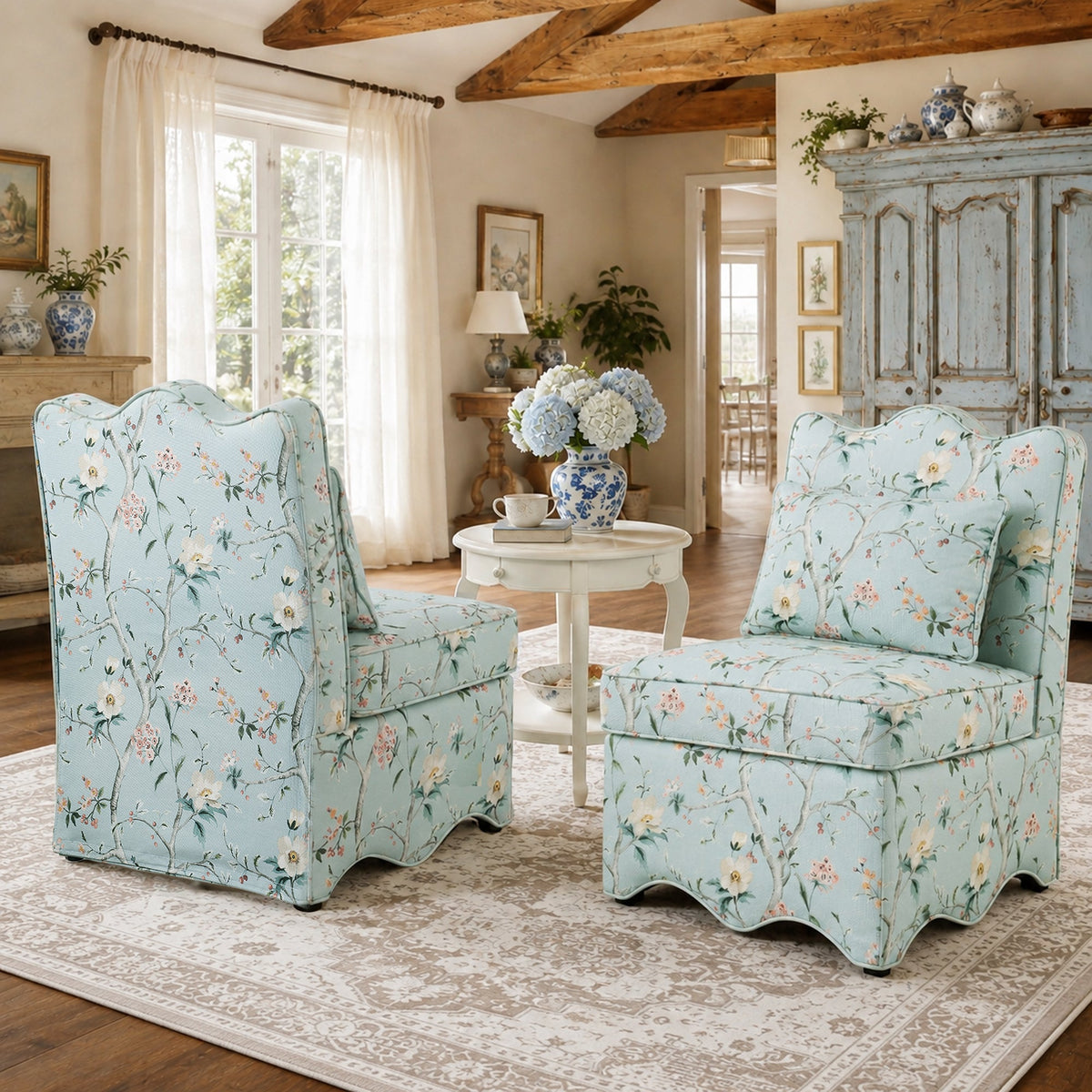 French Farmhouse Accent Chair with Scalloped Back & Upholstered Seat