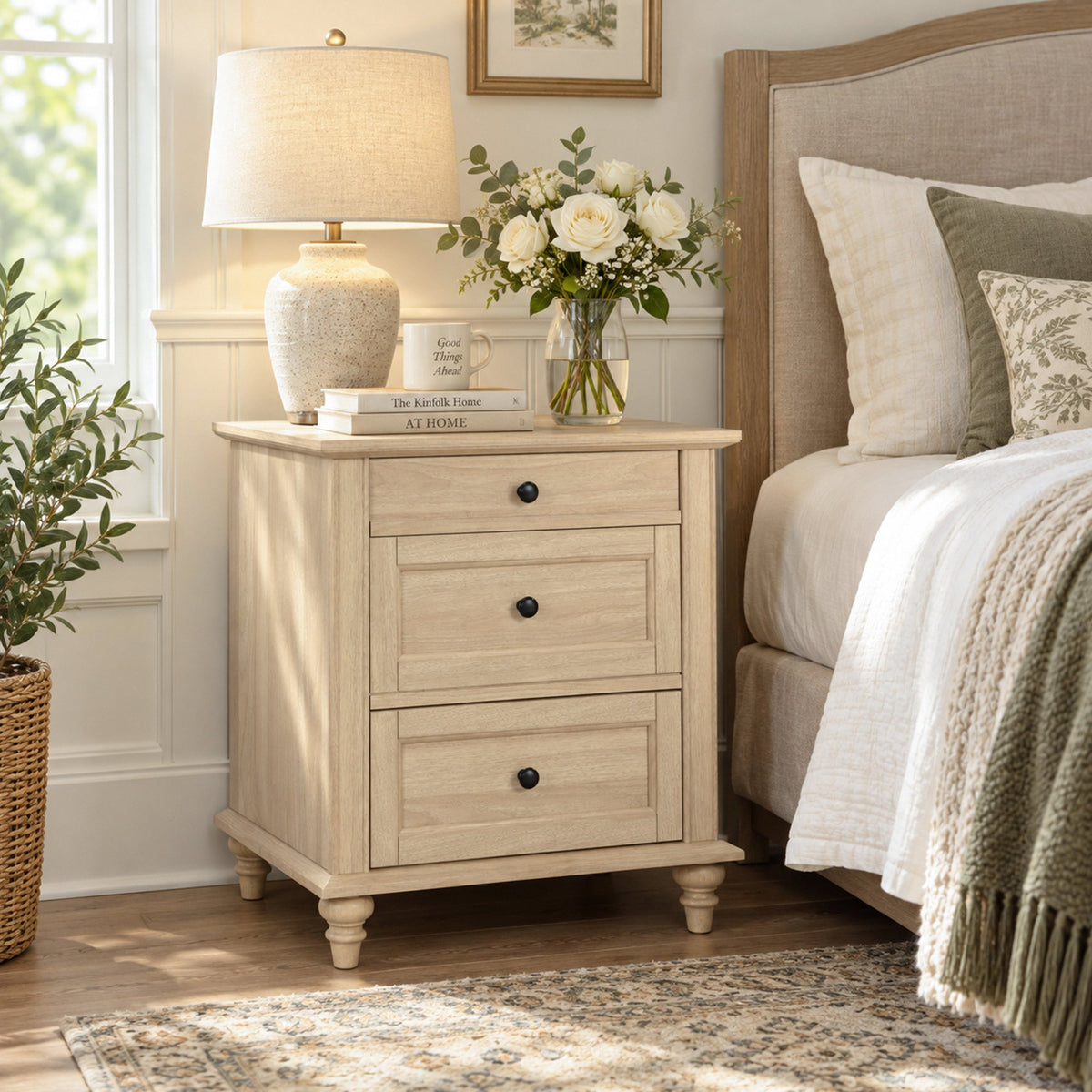 Traditional 3-Drawer Nightstand with Solid Wood Legs, Quick Assembly