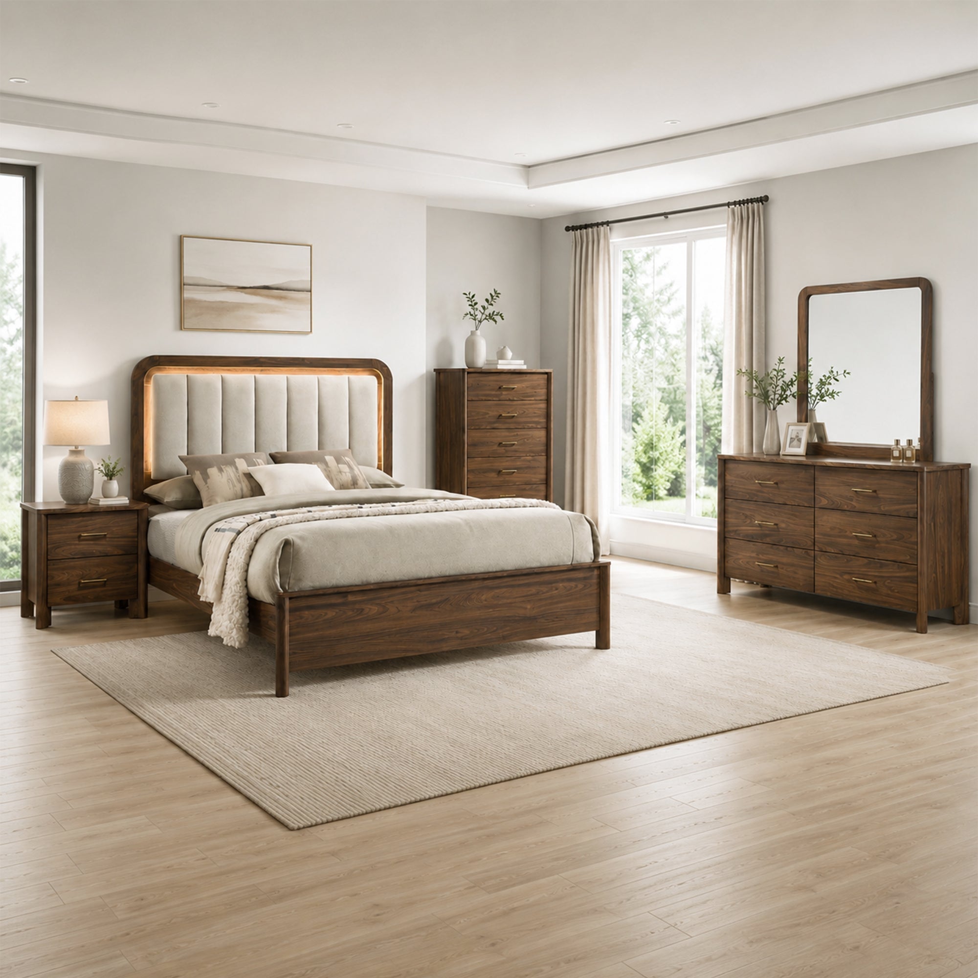 Mid-Century Modern Walnut 4-Piece Bedroom Set with Upholstered LED Platform Bed, Nightstand, Chest & Dresser with Optional Mirror