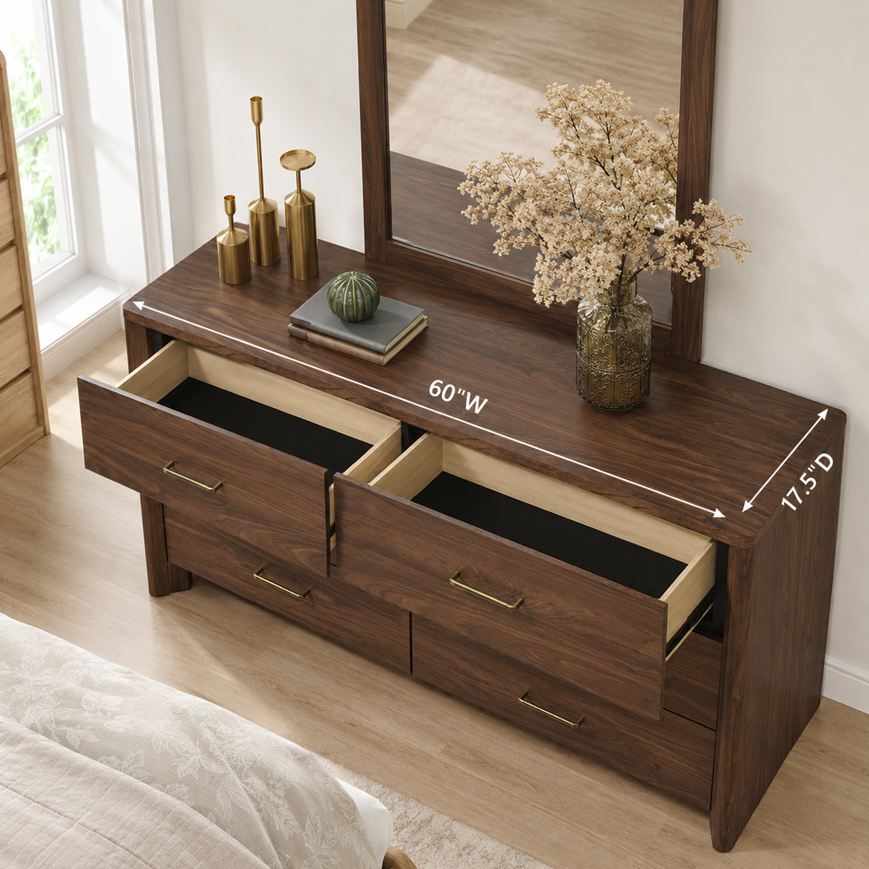 Mid-Century Modern Walnut 3-Piece Bedroom Storage Set with Nightstand, Chest & Dresser with Optional Mirror, Without Mirror