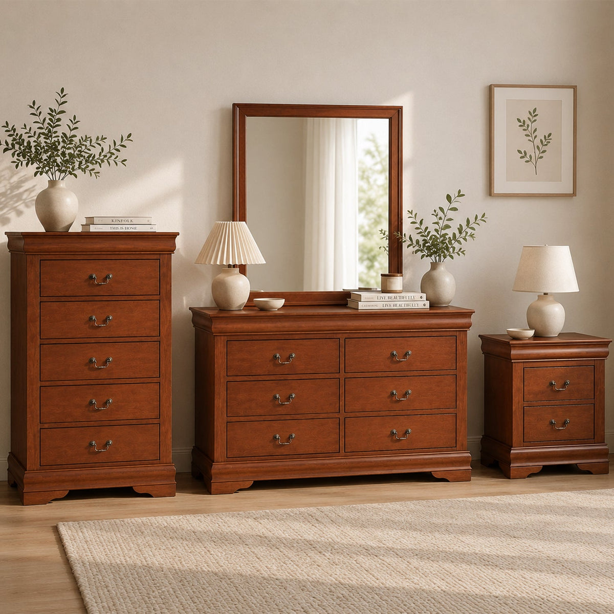 3-Piece Transitional Bedroom Storage Set with Nightstand, Chest & Dresser (Mirror Optional)