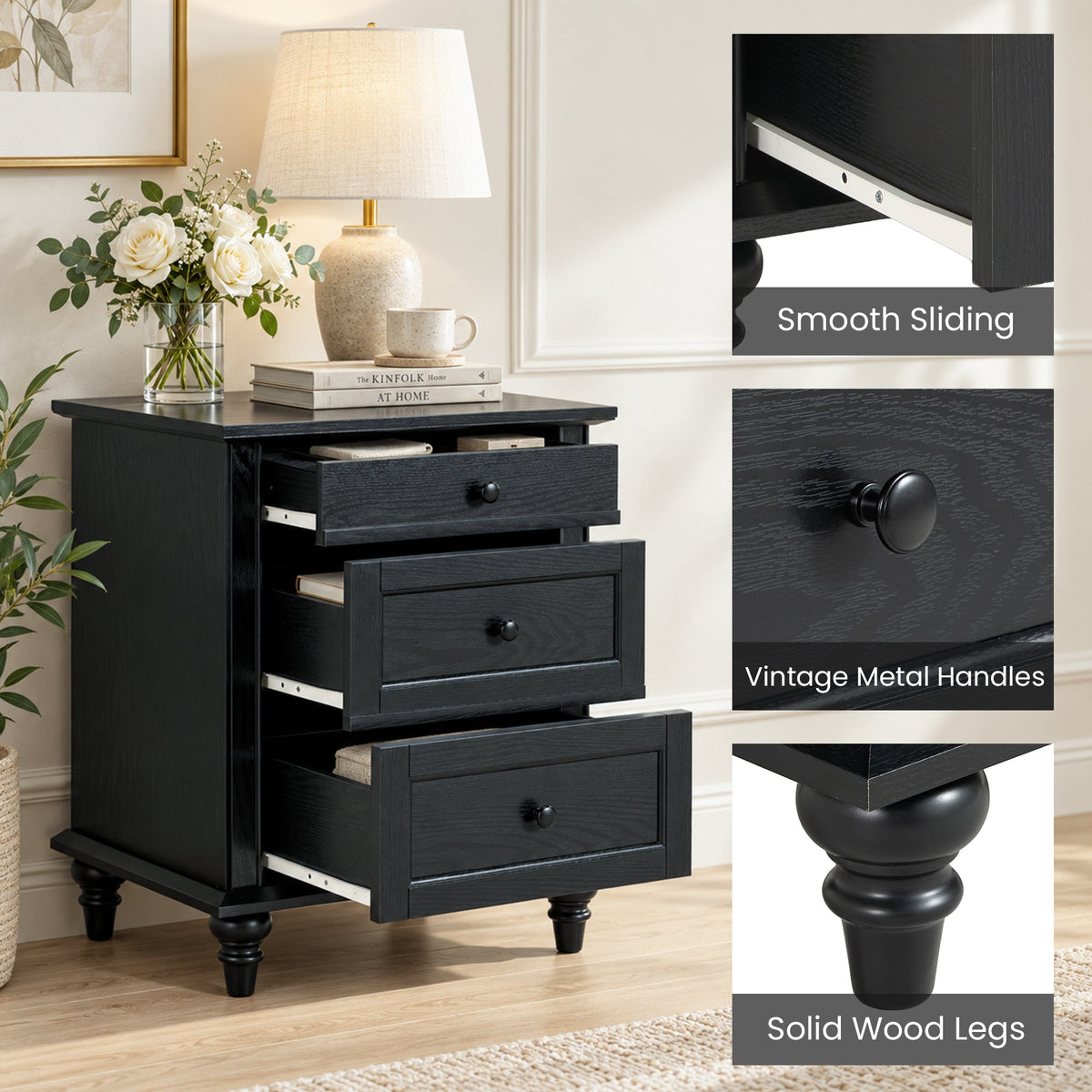 Traditional 3-Drawer Nightstand with Solid Wood Legs, Quick Assembly