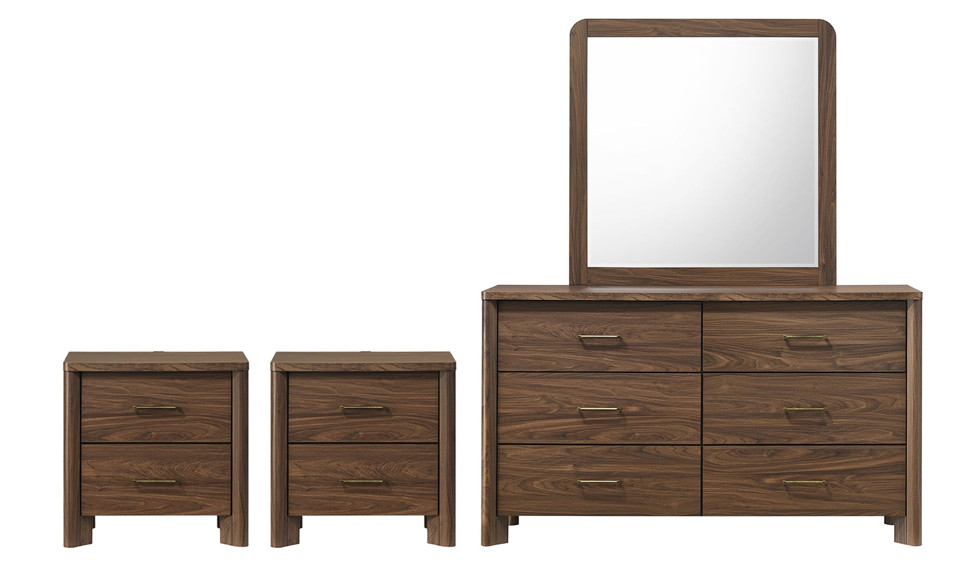 Mid-Century Modern Walnut 3-Piece Bedroom Storage Set with 2 Nightstands & Dresser with Optional Mirror