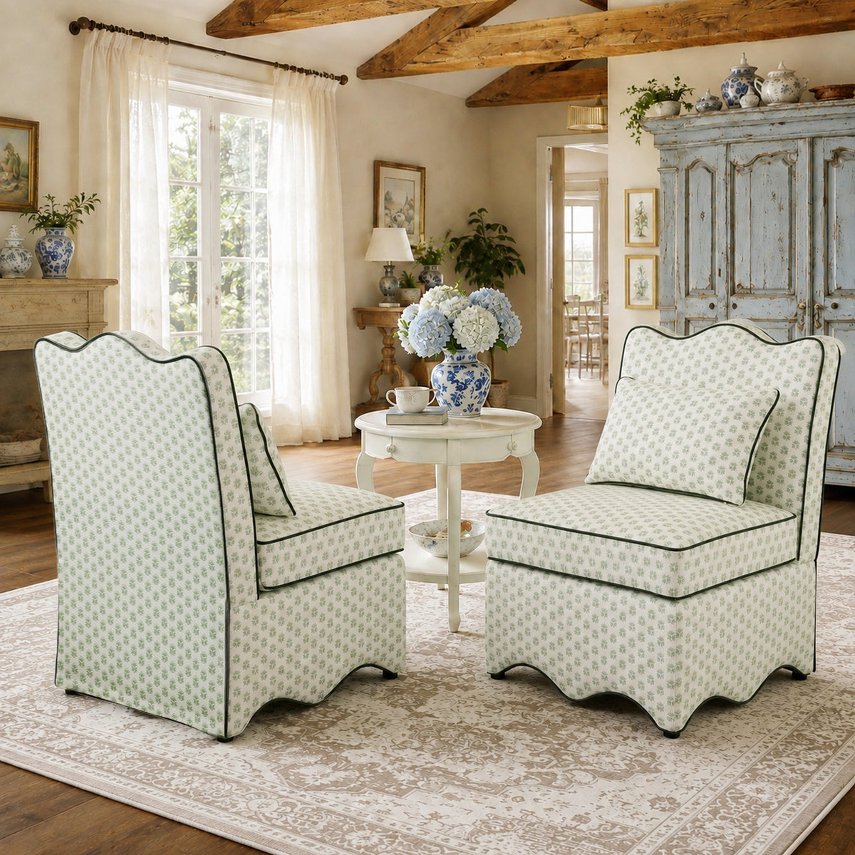 French Farmhouse Accent Chair with Scalloped Back & Upholstered Seat