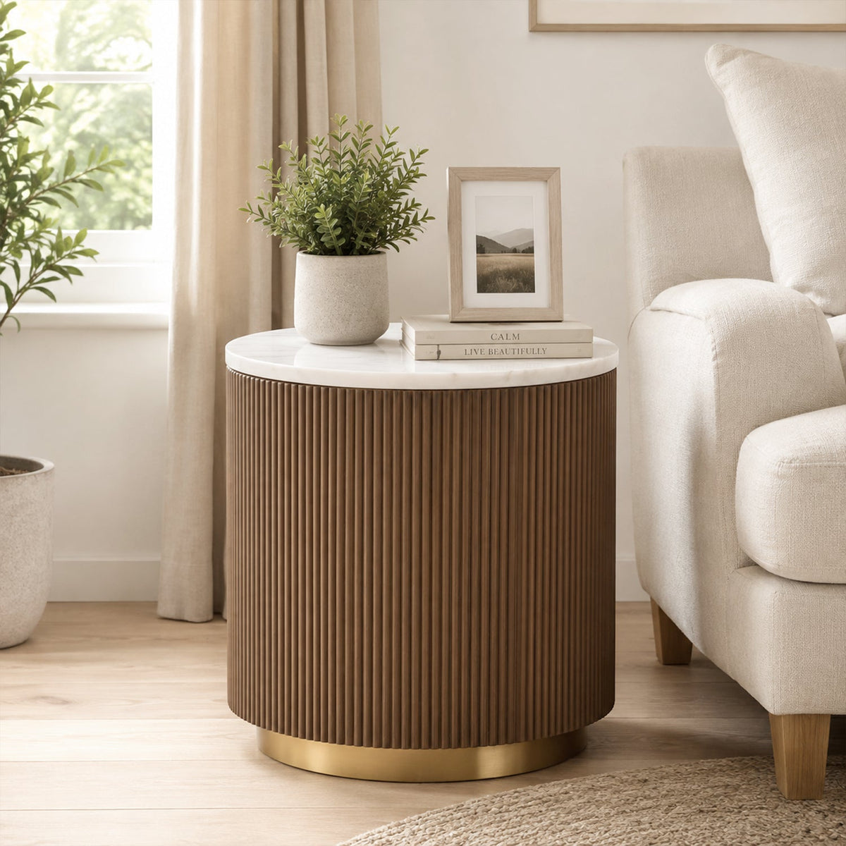 Modern Marble End Table – Genuine Marble Top & Gold Stainless Steel Base