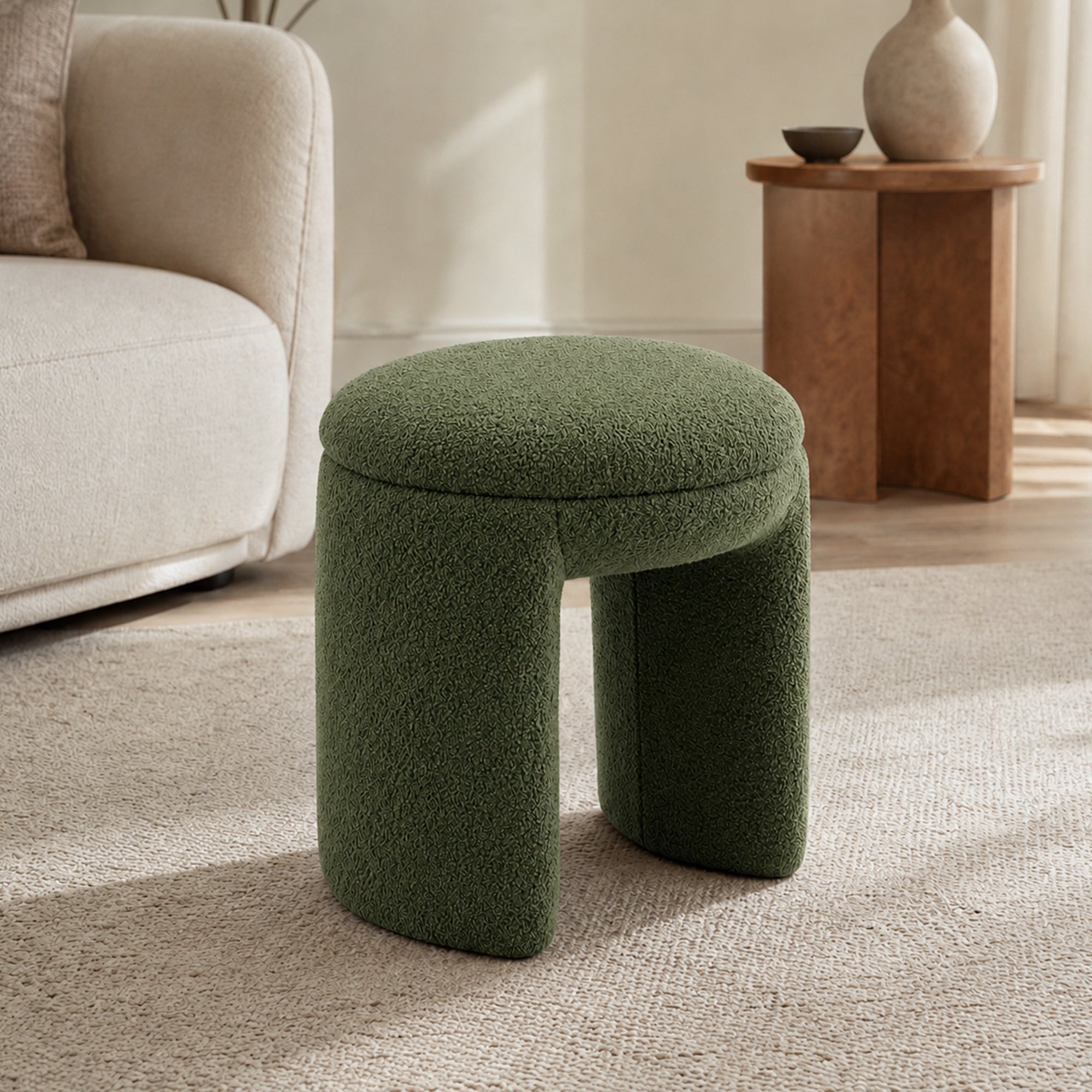 Contemporary Teddy Bouclé Accent Stool with Solid Wood Frame – Fully Assembled
