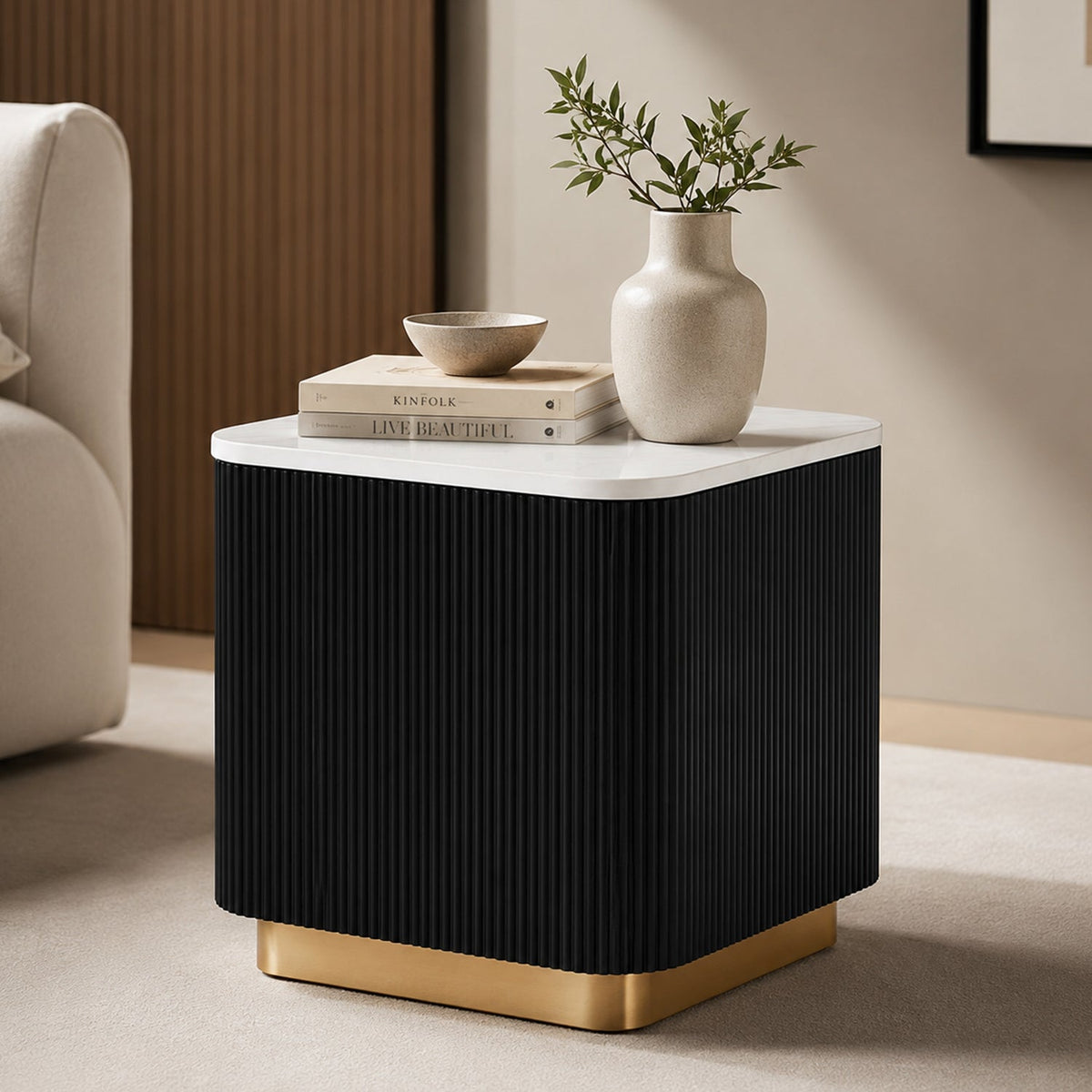 Modern Marble End Table – Genuine Marble Top & Gold Stainless Steel Base