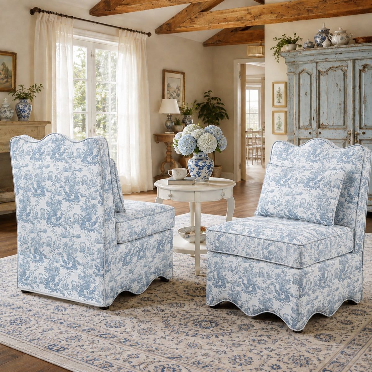 French Farmhouse Accent Chair with Scalloped Back & Upholstered Seat