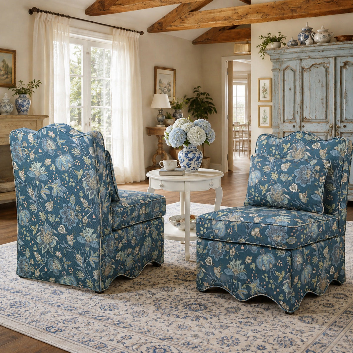 French Farmhouse Accent Chair with Scalloped Back & Upholstered Seat