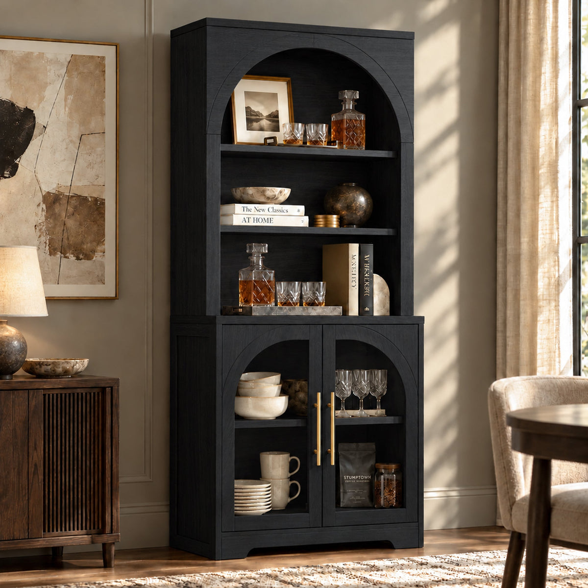 Arched Tempered Glass Door Storage Cabinet, 3-Tier Open Shelf Bookcase Display Cabinet