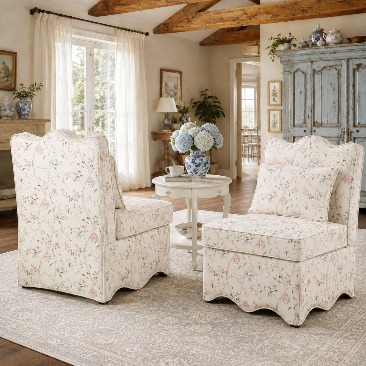 French Farmhouse Accent Chair with Scalloped Back & Upholstered Seat