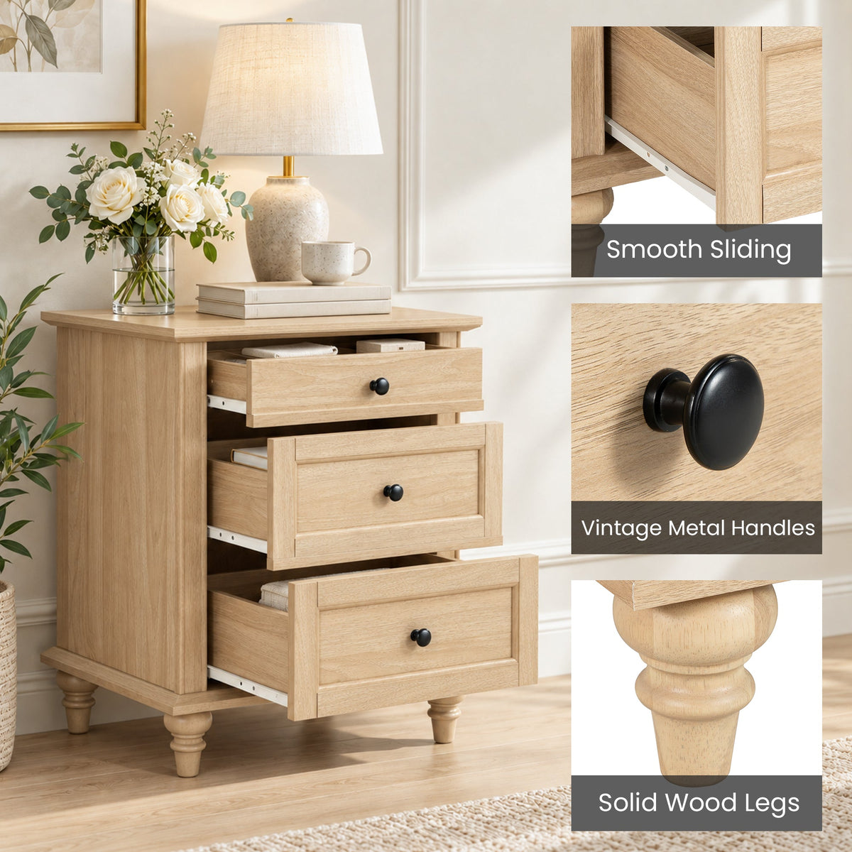 Traditional 3-Drawer Nightstand with Solid Wood Legs, Quick Assembly