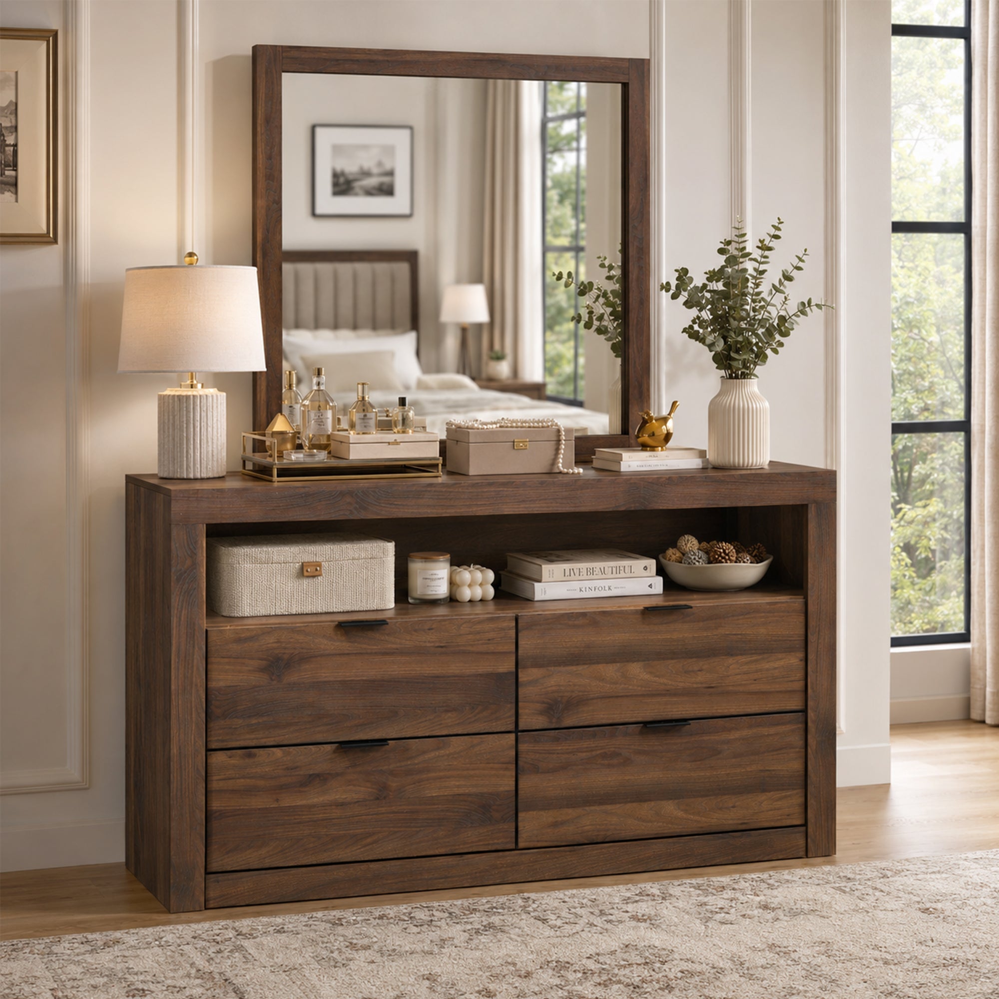 Contemporary Walnut Dresser with Optional Mirror, Finger Pull Drawers & Solid Wood Construction