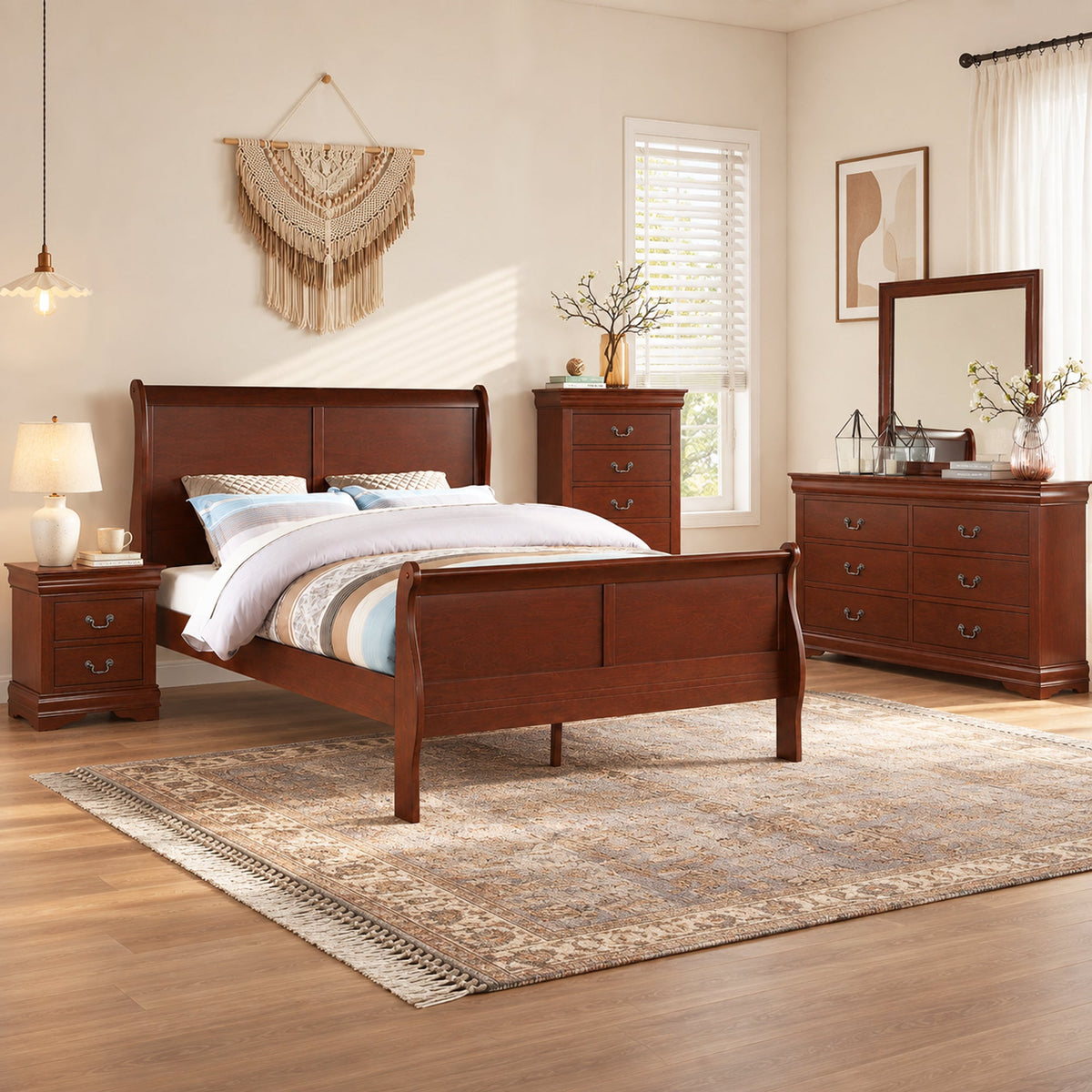 4-Piece Transitional Sleigh Bedroom Set with Solid Wood Bed, Nightstand, Chest & Dresser (Mirror Optional)