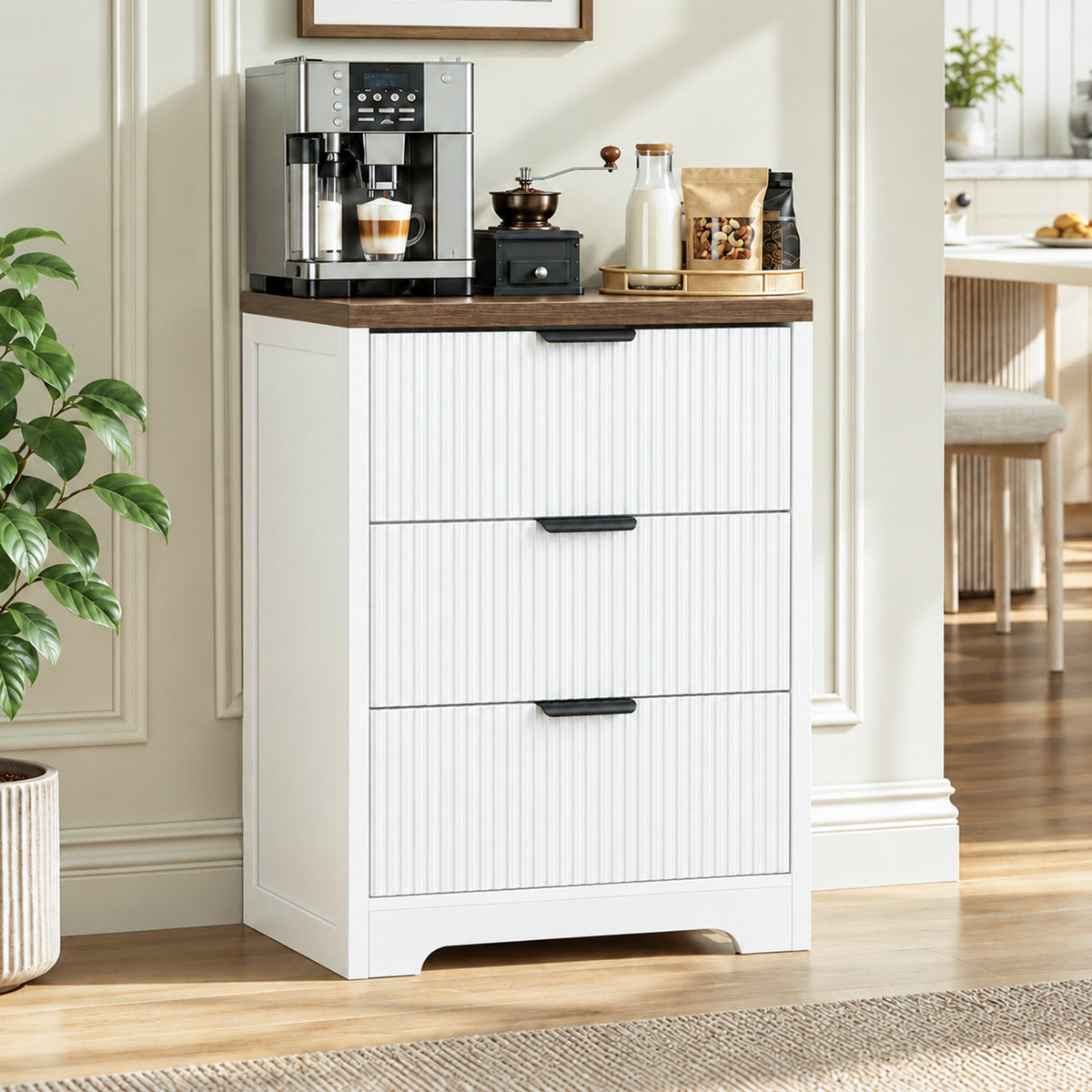 Fluted 3 Drawer Nightstand, Modern Wooden Storage Cabinet with Ribbed Drawer Fronts