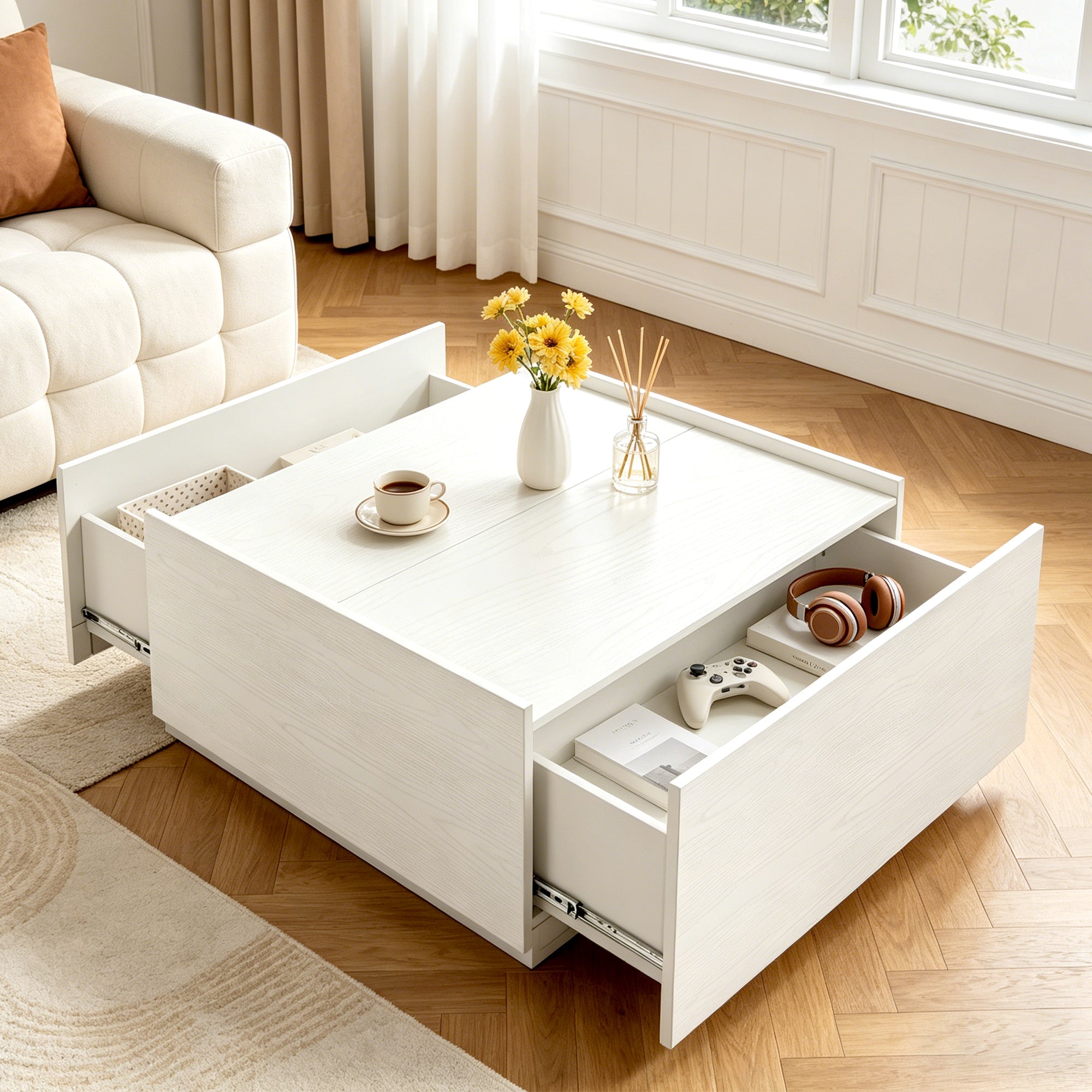 Transitional Coffee Table with Dual Storage Drawers – Modern Wood Look Living Room Table