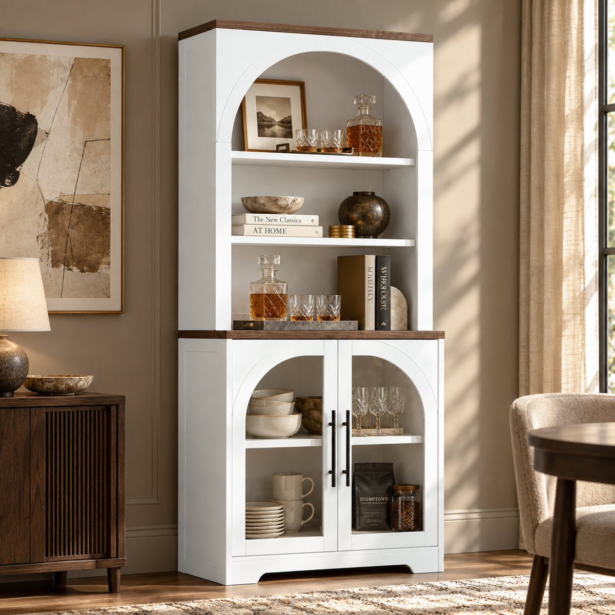 Arched Tempered Glass Door Storage Cabinet, 3-Tier Open Shelf Bookcase Display Cabinet