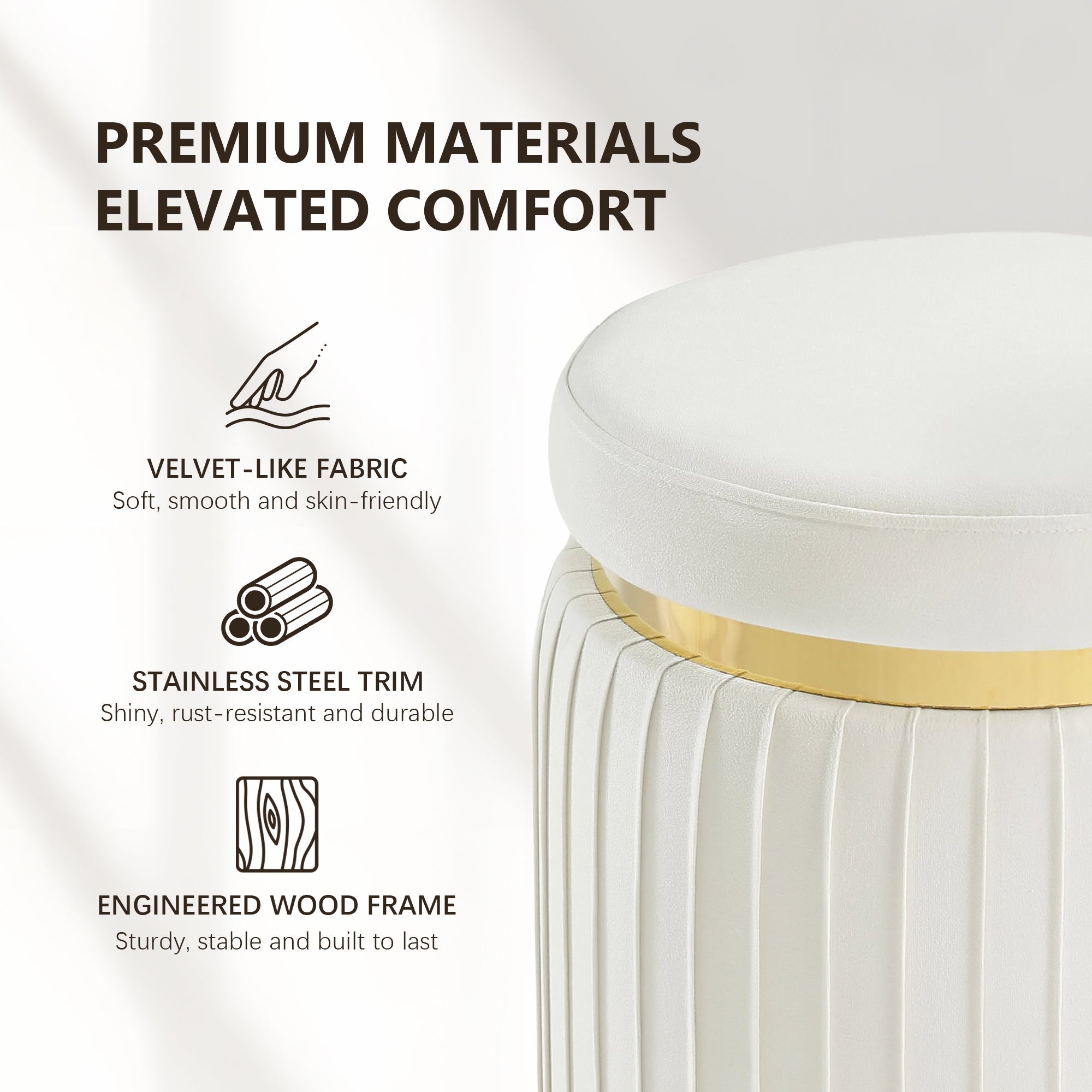 Contemporary Velvet Counter Stool with Gold Trim & Stainless Steel Base – Upholstered Modern Bar Stool