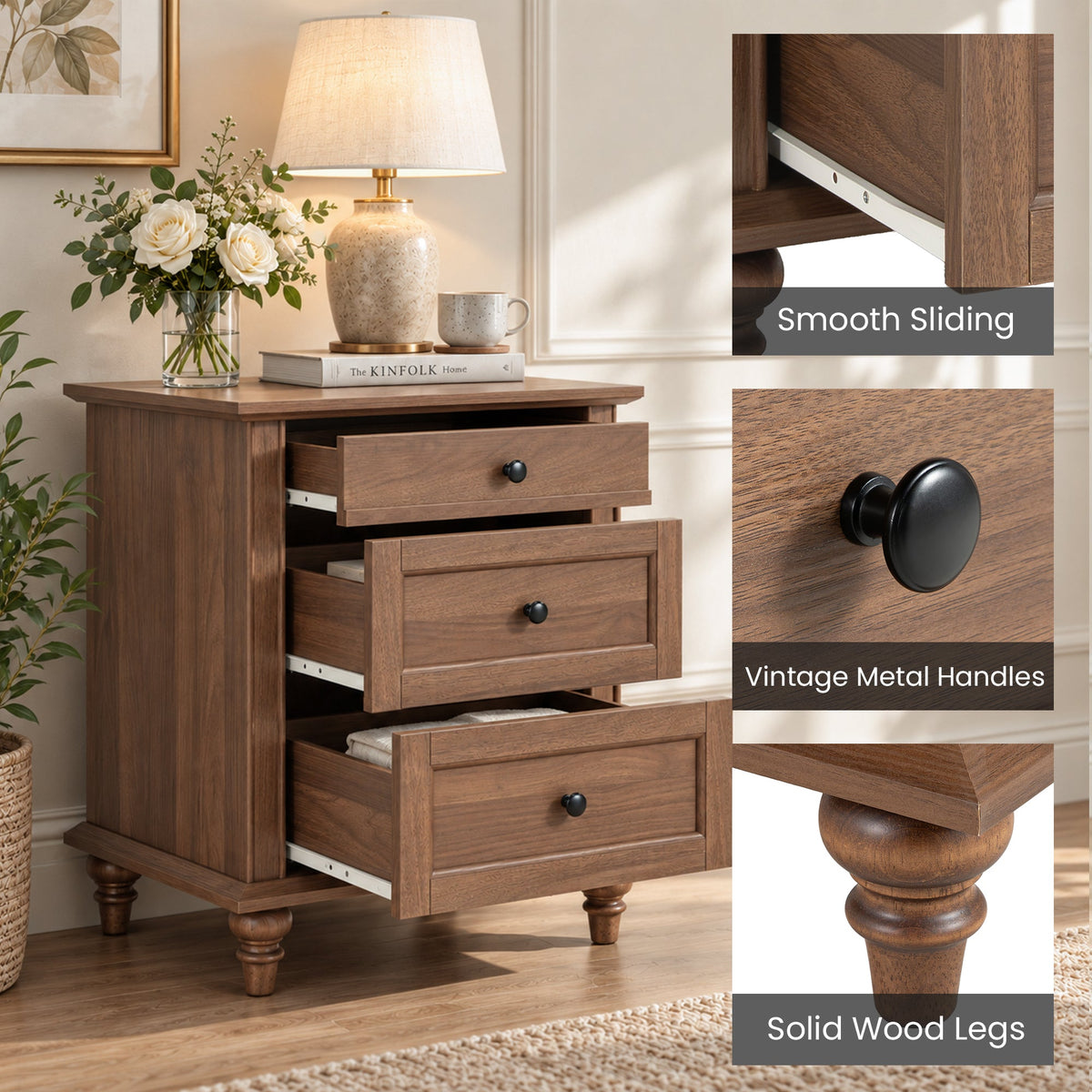 Traditional 3-Drawer Nightstand with Solid Wood Legs, Quick Assembly