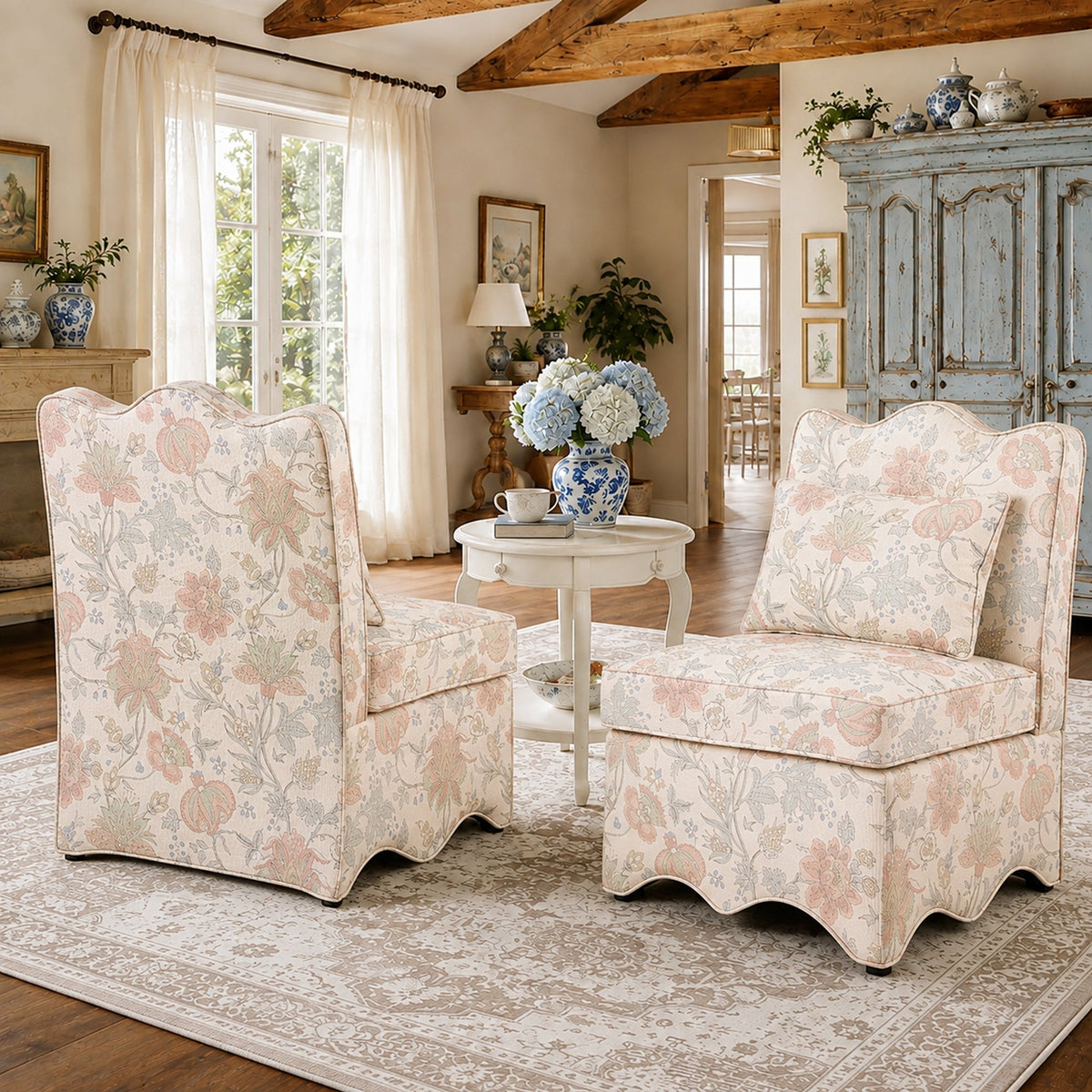 French Farmhouse Accent Chair with Scalloped Back & Upholstered Seat