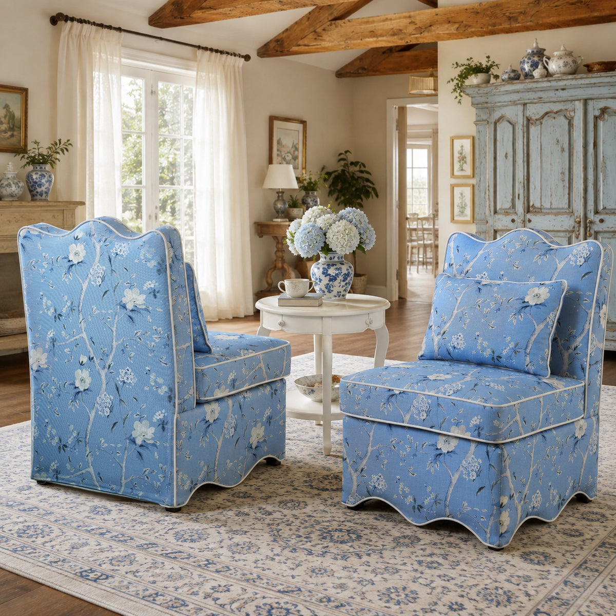 French Farmhouse Accent Chair with Scalloped Back & Upholstered Seat