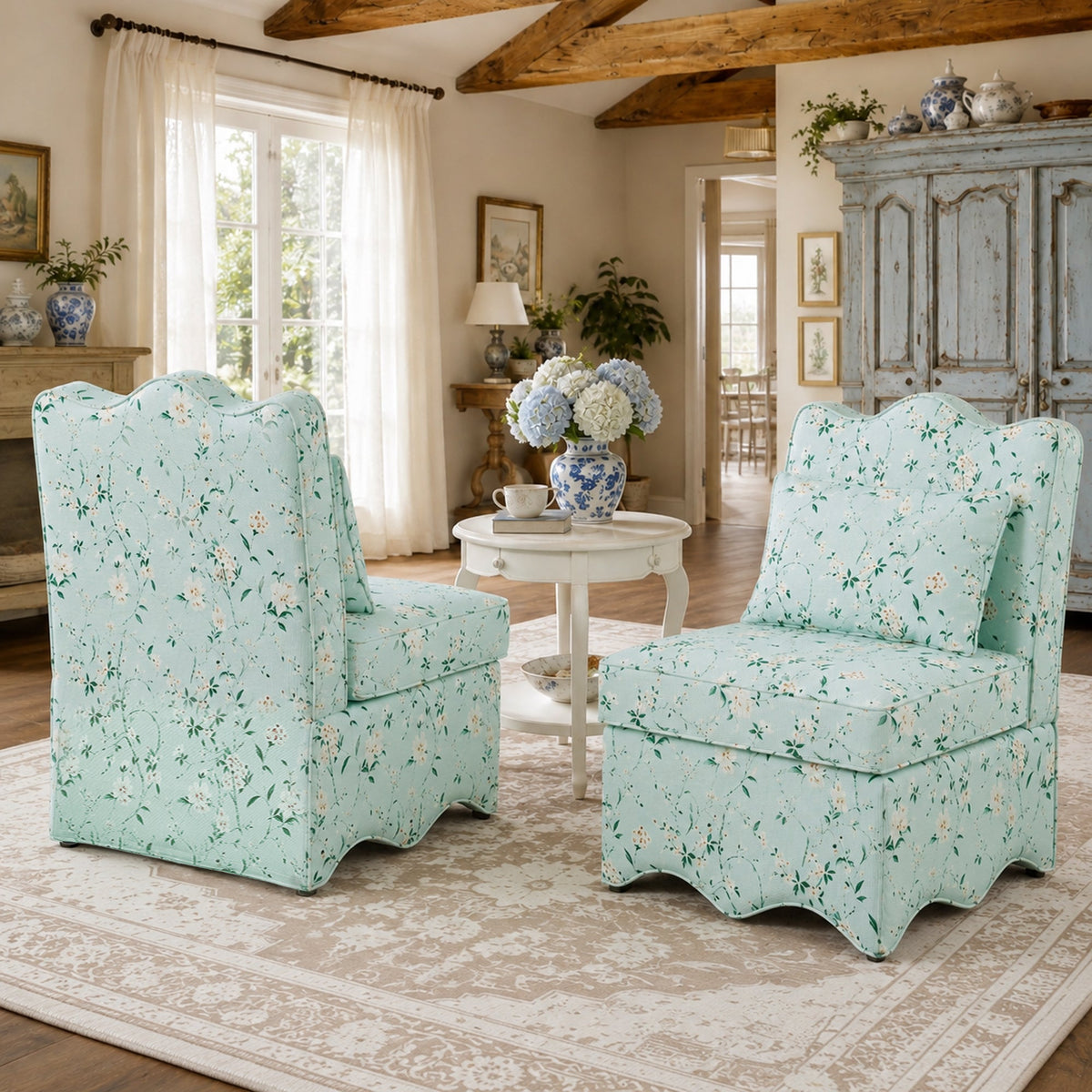 French Farmhouse Accent Chair with Scalloped Back & Upholstered Seat