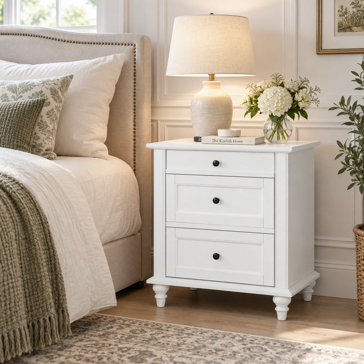 Traditional 3-Drawer Nightstand with Solid Wood Legs, Quick Assembly