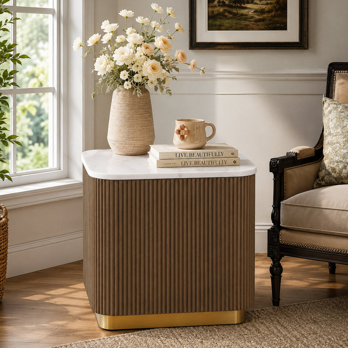 Modern Marble End Table – Genuine Marble Top & Gold Stainless Steel Base