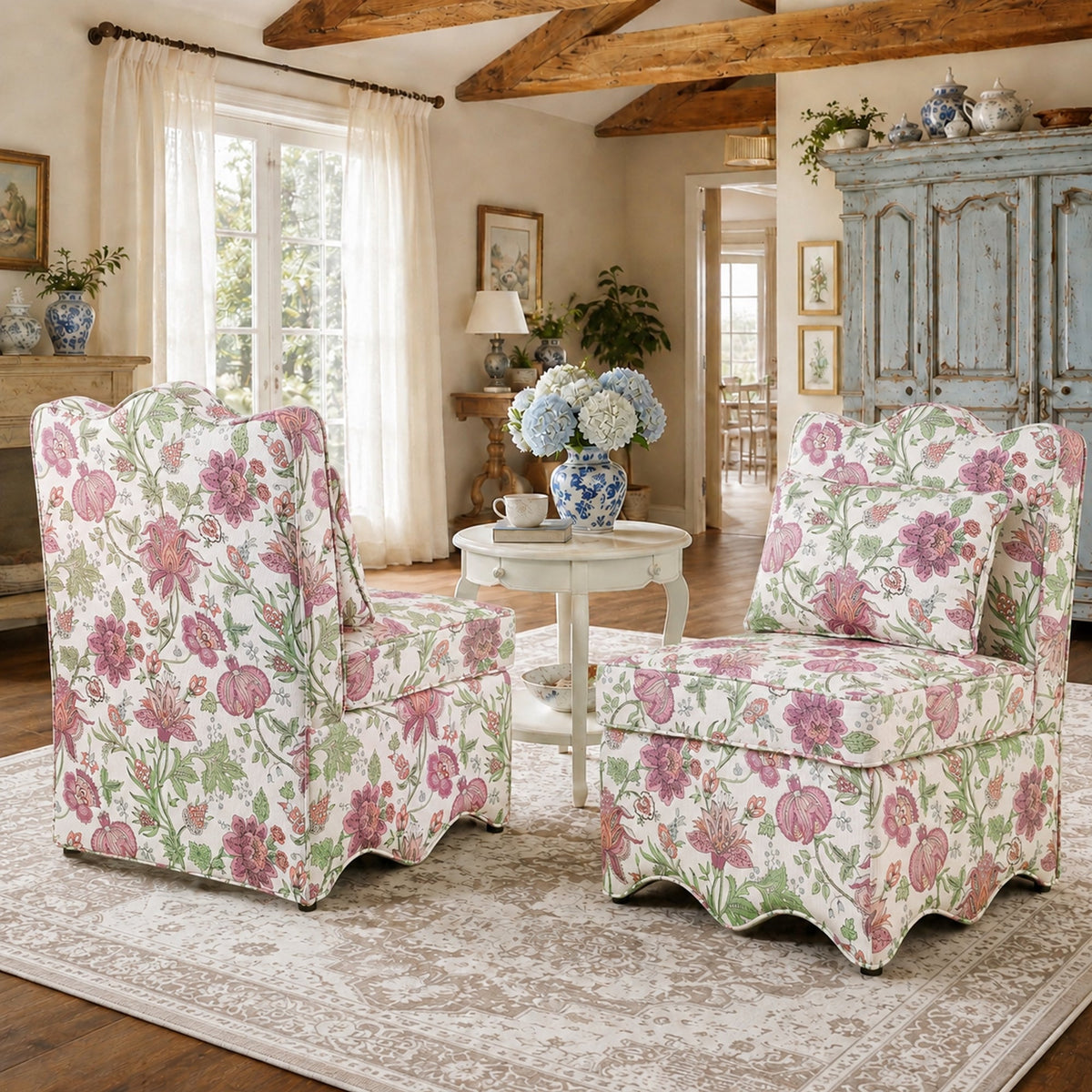 French Farmhouse Accent Chair with Scalloped Back & Upholstered Seat